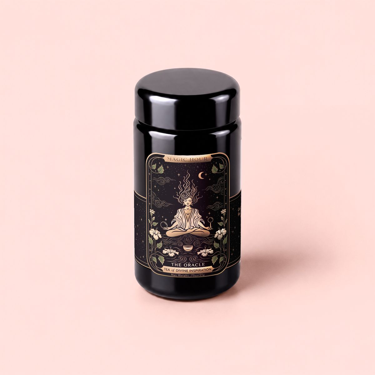 Introducing The Oracle: Lemon Lavender Tea for Supporting the Gut-Brain Axis—a beautifully designed black tea canister featuring an illustrated label with a meditating figure surrounded by stars, plants, and mystical designs on a soft pink background. Perfect for storing your favorite adaptogenic or caffeine-free herbal tea blends.
