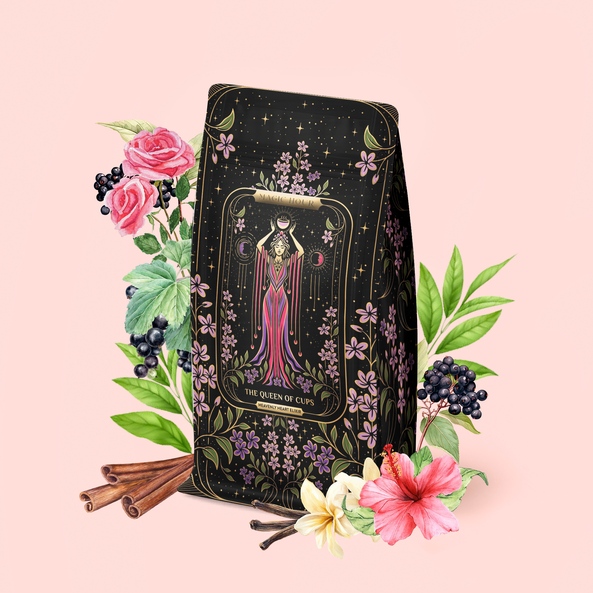 Introducing The Queen of Cups: Hibiscus-Vanilla-Berry Tea for Balance &amp; Heart Health—a beautifully designed tea package featuring the tarot "Queen of Cups" surrounded by flowers, berries, cinnamon sticks, and green leaves on a soft pink background. Perfect for an emotional balance or self-love ritual.