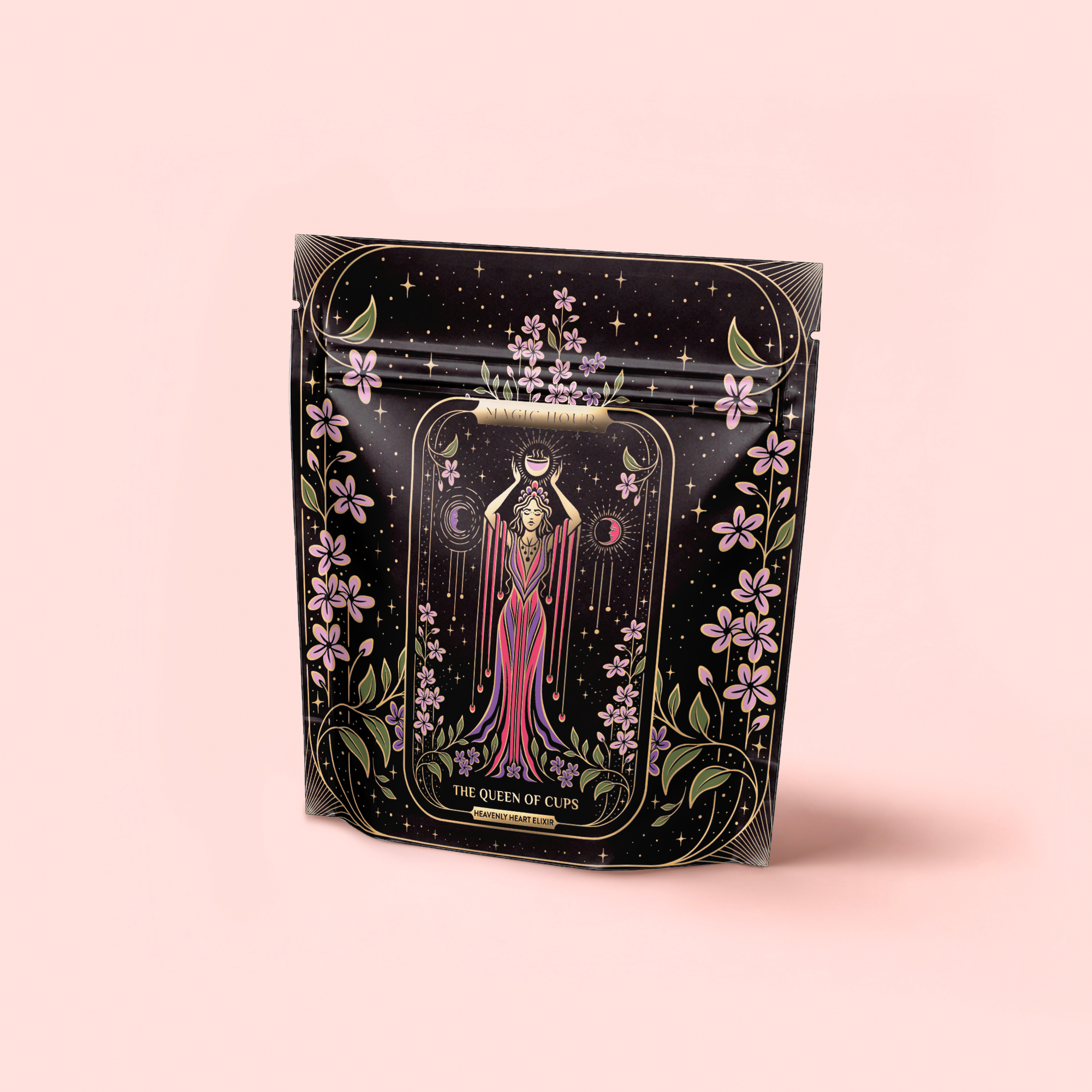 A black resealable pouch shows a woman in a pink dress with a crescent moon headdress, surrounded by pink flowers and stars. At the bottom: "The Queen of Cups: Hibiscus-Vanilla-Berry Tea for Balance & Heart Health.