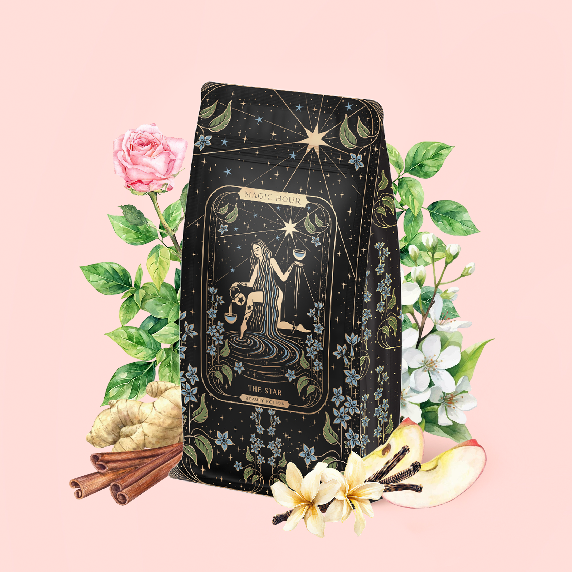 A decorative tea package featuring "The Star: Vanilla-Ginger Beauty Potion with Jasmine &amp; Shatavari" is adorned with a star tarot card design and surrounded by flowers, apple slices, vanilla beans, and cinnamon sticks on a soft pink background—perfect for highlighting this organic herbal blend.