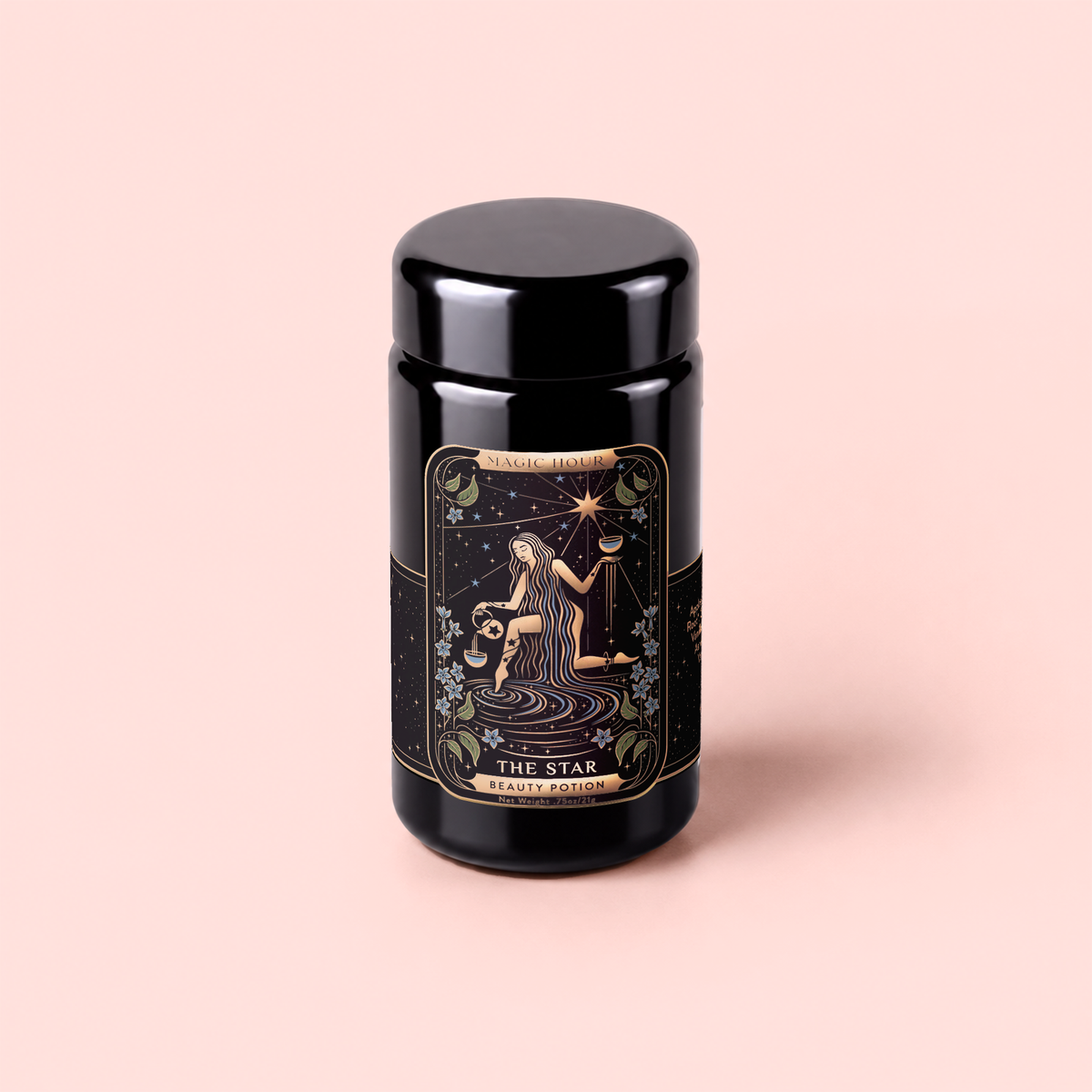A black jar labeled “The Star: Vanilla-Ginger Beauty Potion with Jasmine &amp; Shatavari” features mystical art of a woman pouring water beneath a starry sky, framed by celestial and floral designs, set against a light pink background—an enchanting vessel inspired by the soothing rituals of organic herbal tea and adaptogenic blends.