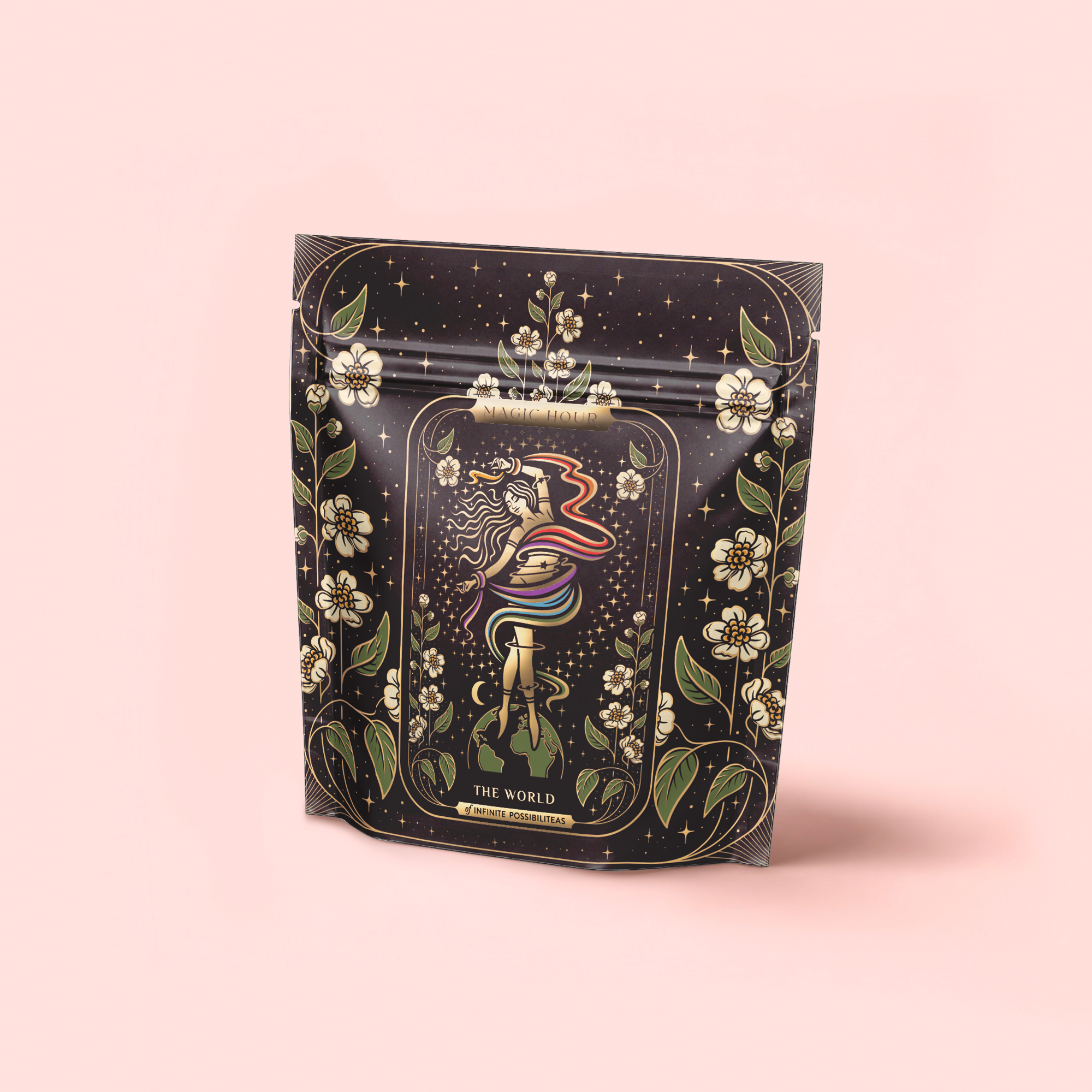The World: Tea of Infinite Possibiliteas is a decorative pouch featuring a tarot card design with a woman, swirling ribbons, blue lotus, Yunnan black tea motifs, stars, and florals on a soft pink background.