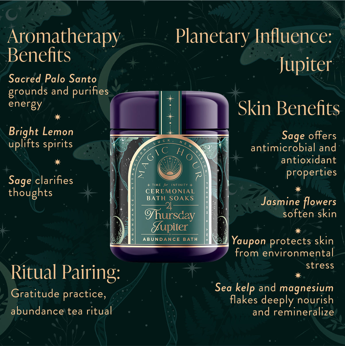 The &quot;Thursday Jupiter Abundance Bath&quot; from Ceremonial Bath Soaks is elegantly presented with descriptions of its aromatherapy, celestial connection, skin benefits, and ritual pairing details against a sophisticated celestial backdrop.