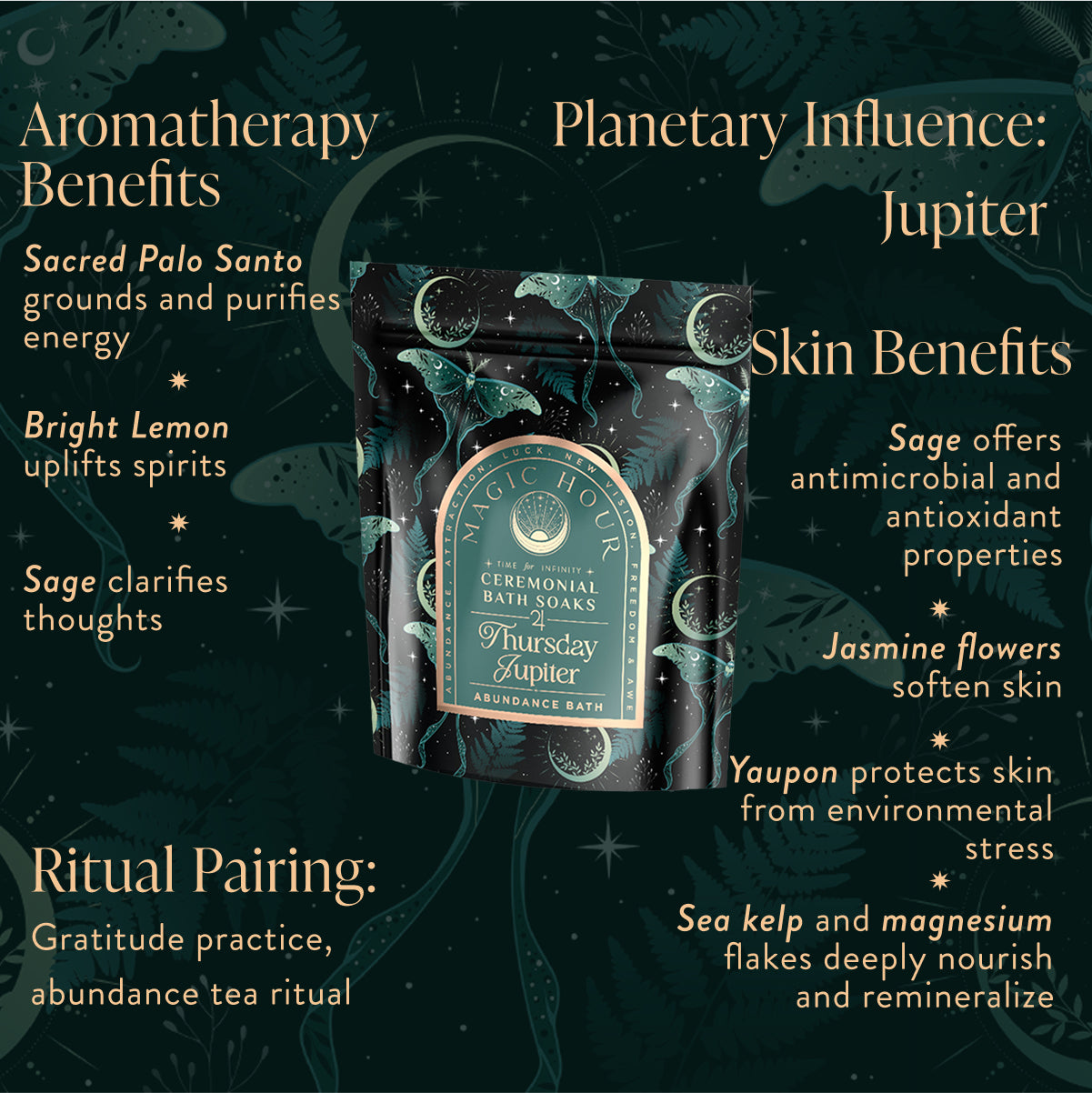 A green and black package of &quot;Ceremonial Bath Soaks - Luxe Refill Pouch&quot; by Magic Hour is set against a starry, moonlit background. This self-care ritual combines skin-softening, aromatherapy, antimicrobial benefits, and cosmic influences under Jupiter&#39;s planetary sway.