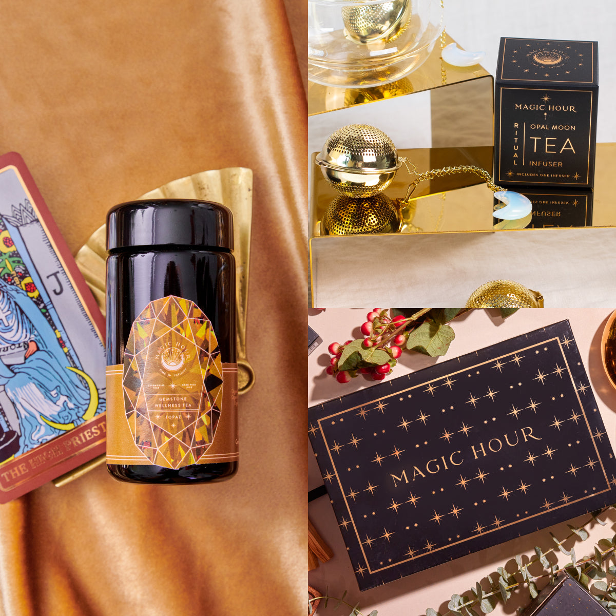 A luxurious tea set includes a black tea tin adorned with intricate gold designs, tarot cards, a tea infuser, and a "Magic Hour" box. Drawing inspiration from the Gem-Inspired Tea Ritual, this arrangement is elegantly displayed on shimmering golden fabric, evoking an enchanting and mystical atmosphere similar to the Topaz November Birthstone Mini Gift Set.