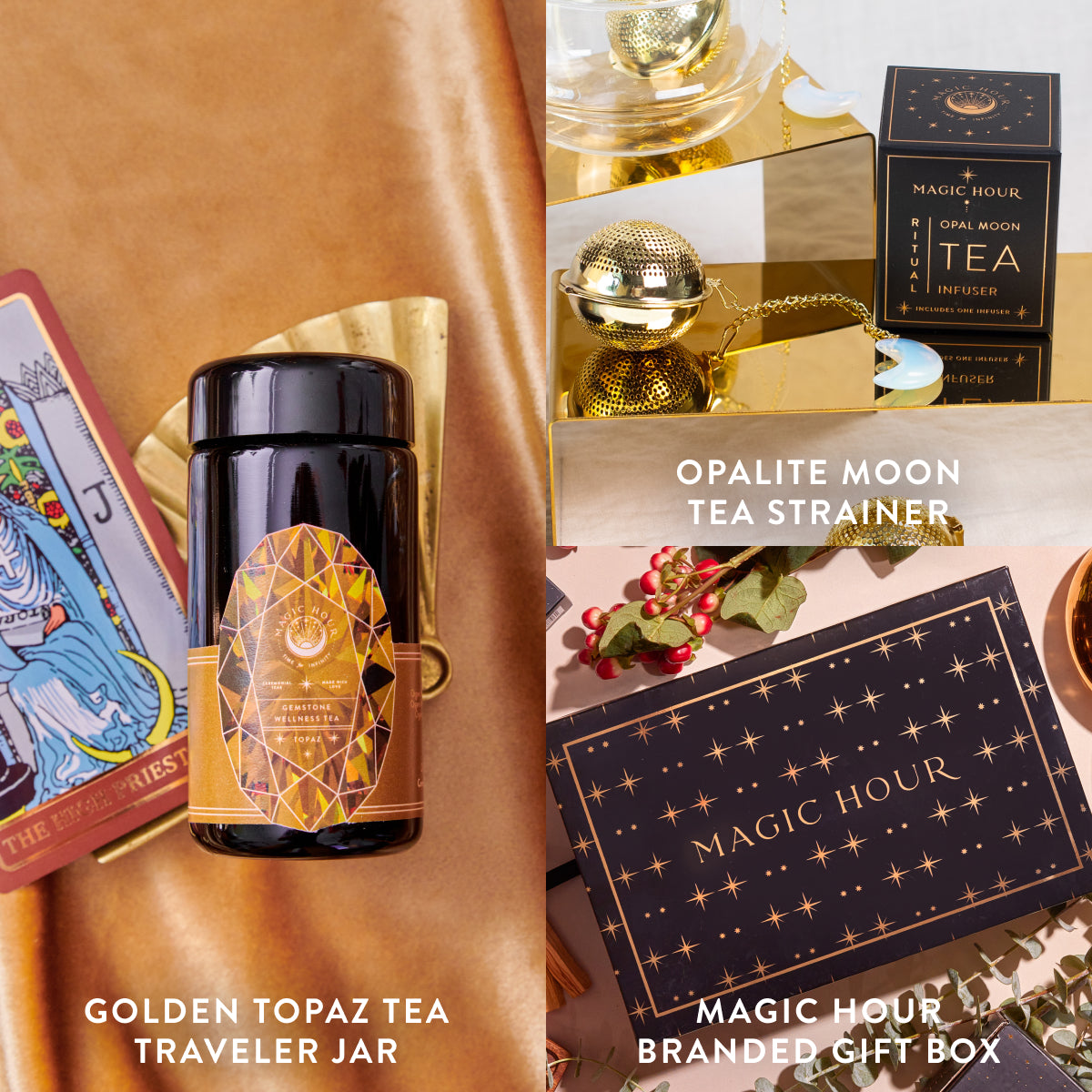 A decorative background highlights the Topaz November Birthstone Mini Gift Set, which features a golden topaz tea traveler jar, a Topaz Wellness Tea branded gift box, an opalite moon tea strainer, and a set of tarot cards, all artfully arranged to celebrate the gem-inspired tea ritual.