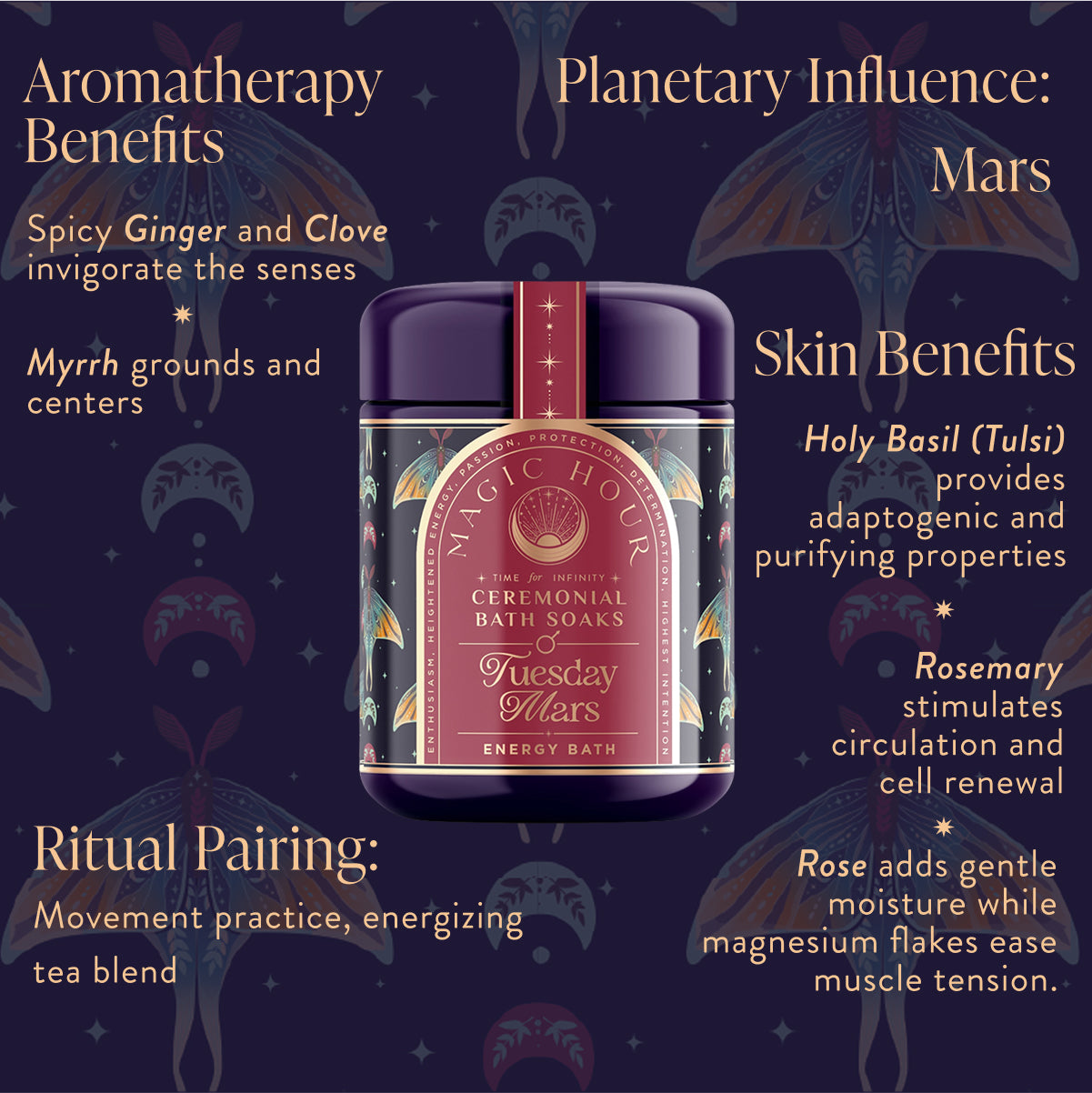 The &quot;Ceremonial Bath Soaks&quot; jar is purple with stars and feathers, containing ginger, clove, myrrh, tulsi, rosemary for cosmic connection. It harnesses Mars&#39; influence for self-care rituals and recommends a tea pairing for harmony.