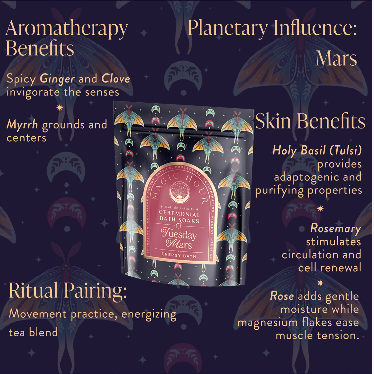 The &quot;Tuesday Nites: Energy Bath,&quot; a luxurious Magic Hour ceremonial soak in a refill pouch, is elegantly packaged with text highlighting aromatherapy, planetary influences, skin benefits, and self-care rituals. The design includes floral graphics.