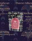 The "Tuesday Nites: Energy Bath," a luxurious Magic Hour ceremonial soak in a refill pouch, is elegantly packaged with text highlighting aromatherapy, planetary influences, skin benefits, and self-care rituals. The design includes floral graphics.