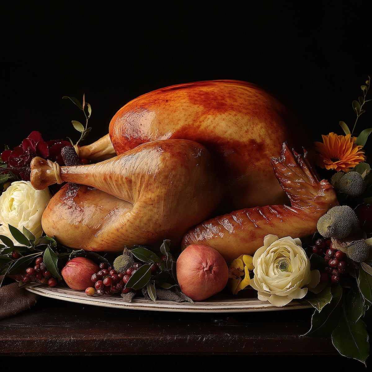 A whole roasted turkey sits on a platter with flowers, greenery, berries, and peaches, its flavor enriched by Lapsang Souchong Turkey Brine, set against a dark background.