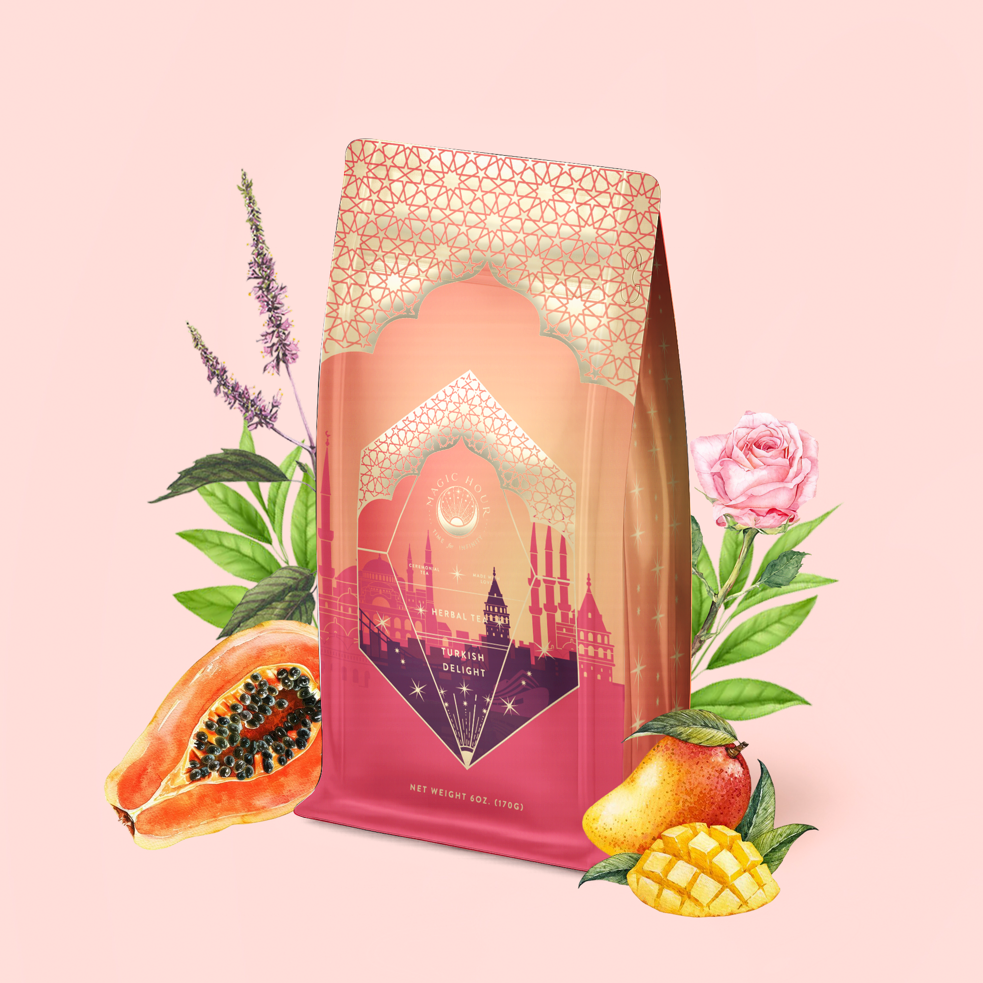 A decorative pink and gold package of "Turkish Delight" tea features a cityscape design, surrounded by illustrated papaya, mango, rose, and other flowers against a light pink background. Inspired by Istanbul, this caffeine-free herbal blend captures the enchanting spirit of Turkish delight in every sip.