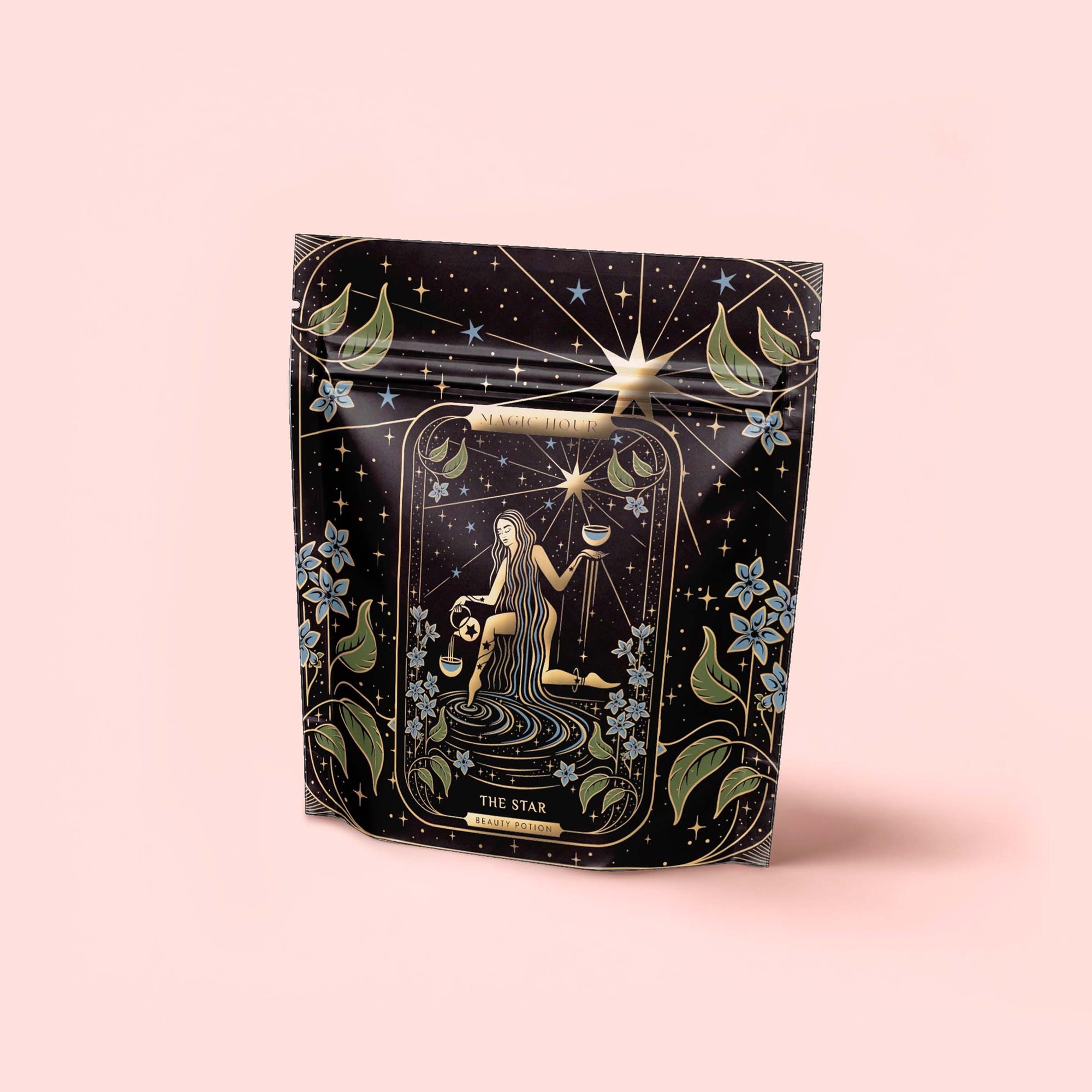 A decorative black pouch features a tarot-inspired illustration of "The Star" and is perfect for storing The Star: Vanilla-Ginger Beauty Potion with Jasmine & Shatavari.