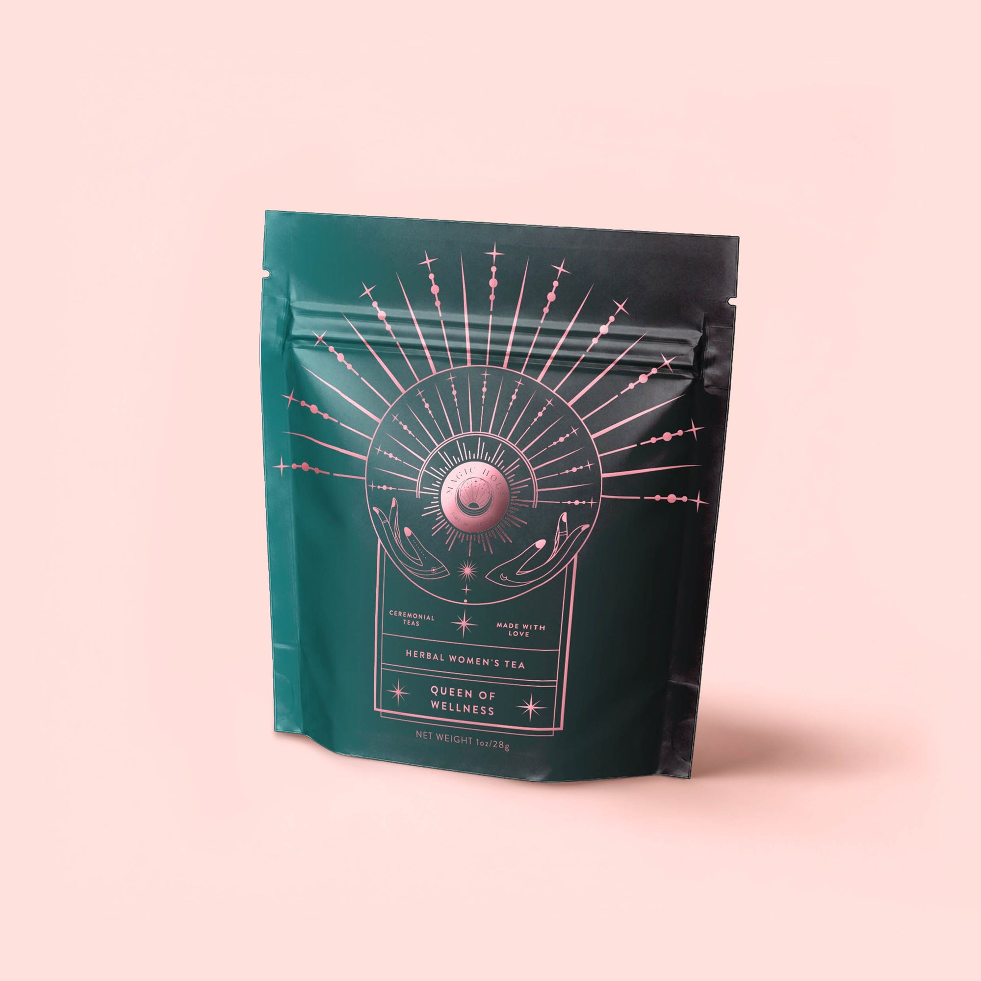 A teal and black resealable pouch labeled "Queen of Wellness: Women's Hormone Balancing Tea for PMS, Healthy Cycles & Menopause" features a pink geometric and celestial design with hands holding a radiant sun on a light pink background.