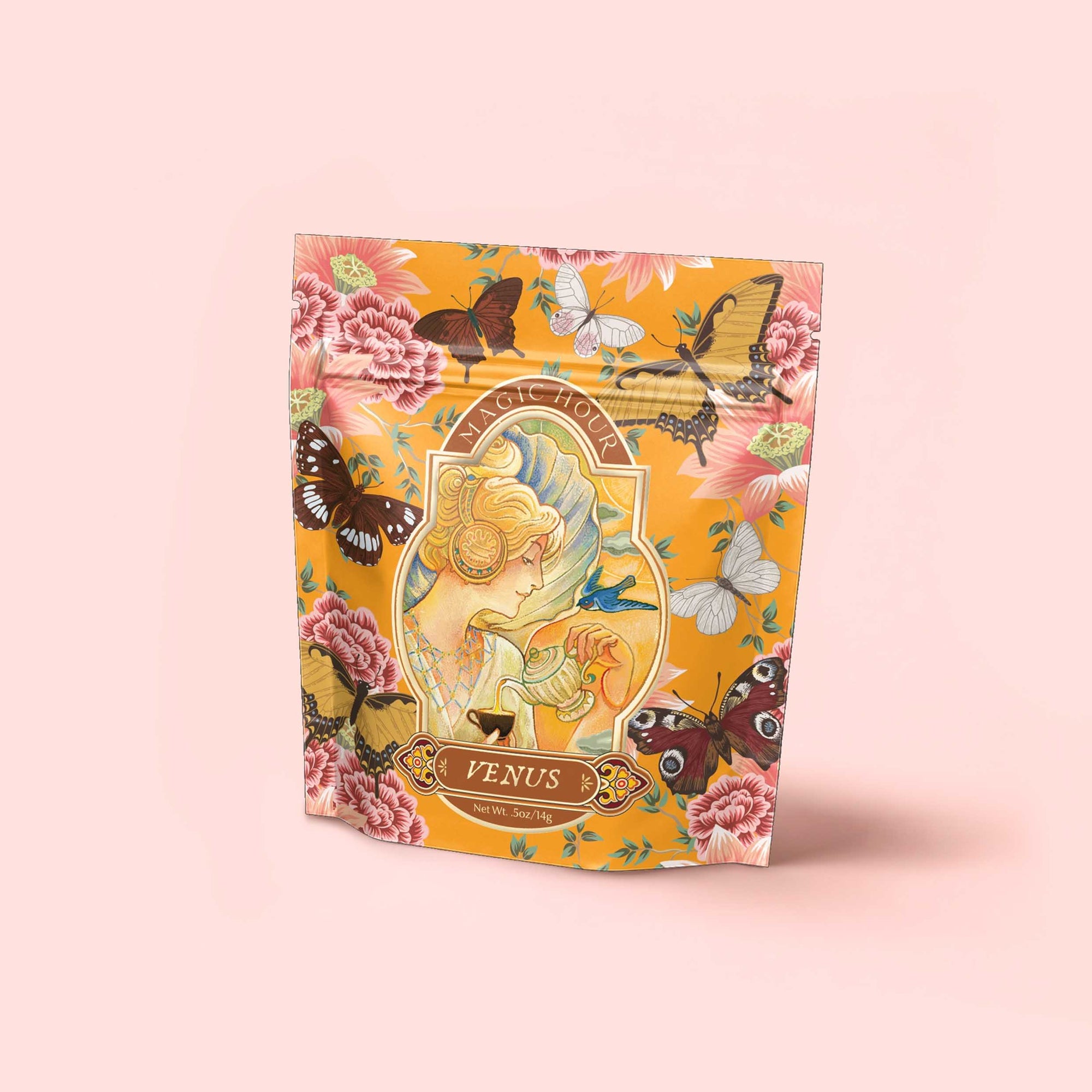 The upright "Venus - Tea for Beauty Sleep" package features a vibrant floral design with an illustrated woman, pink flowers, and butterflies on a yellow background, emphasizing its herbal blend for skin hydration against a pale pink backdrop.