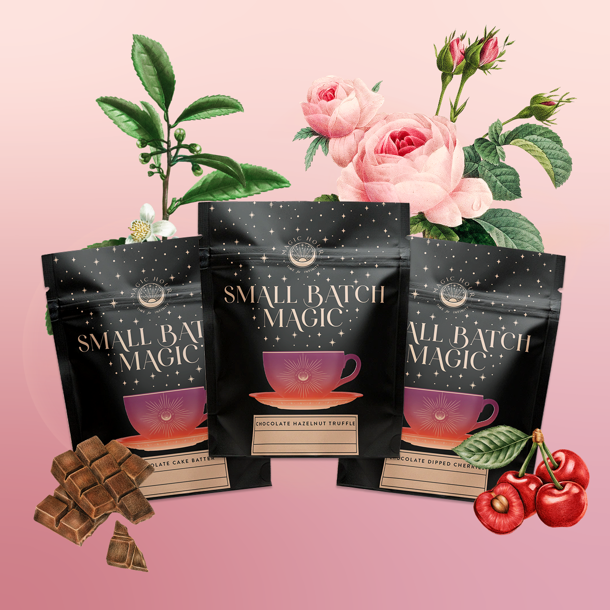 Three black pouches of “Small Batch Magic Valentine’s 2026” are displayed before illustrated pink roses, chocolate pieces, cherries, and green leaves on a pink gradient. The teacup packaging highlights chocolate cake tea and white tea flavors.