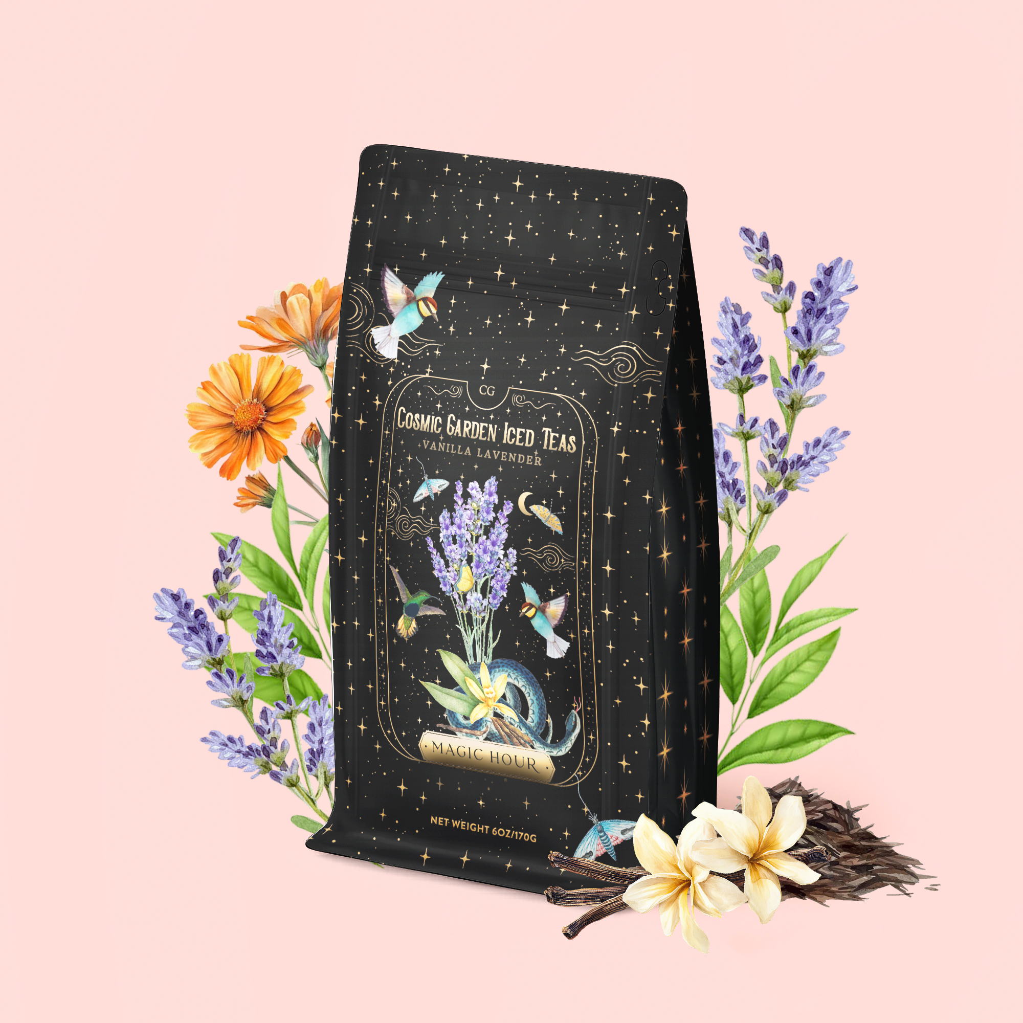 A black bag of Vanilla Lavender Black Iced Tea is surrounded by lavender, orange flowers, and vanilla pods, set against a light pink background. The whimsical packaging features stars and birds, capturing the calming essence of lavender and the rich depth of organic Assam black tea.