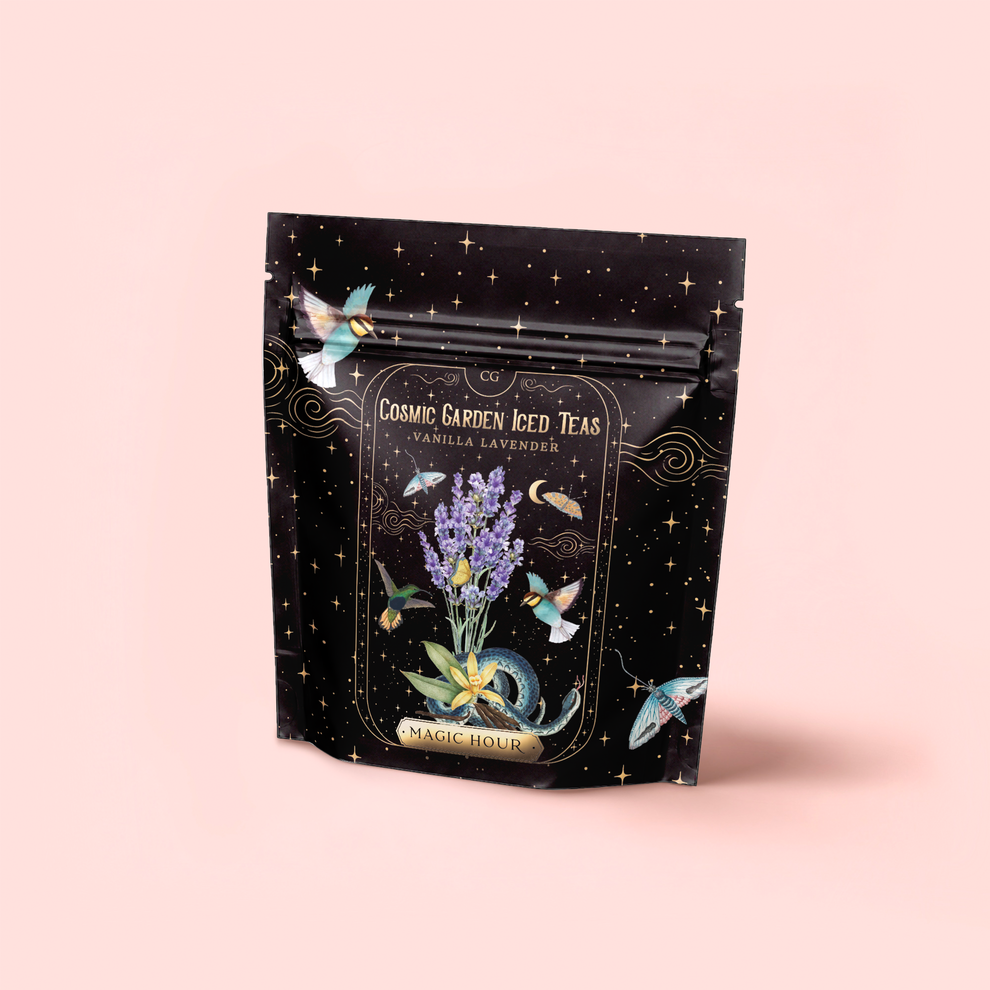 A black resealable bag labeled "Vanilla Lavender Black Iced Tea" features whimsical lavender, butterflies, and gold celestial designs, highlighting its blend of organic Assam black tea and lavender essential oil.