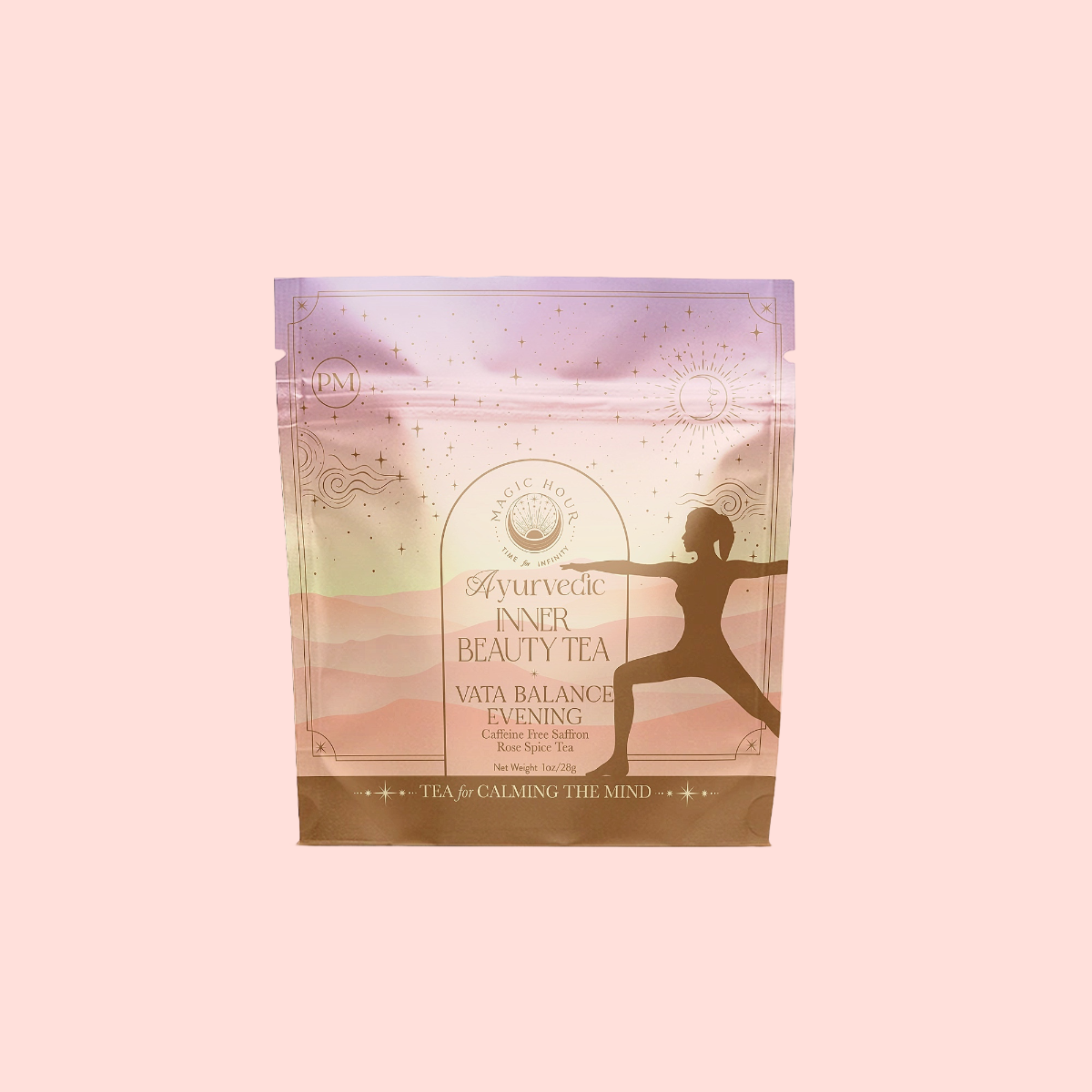 A pastel herbal tea package features a yoga silhouette and the label “Vata: Caffeine-Free Saffron-Rose Spice Tea.” Soft gradients highlight this Ayurvedic adaptogen blend with rooibos, saffron, and rose—naturally caffeine-free.