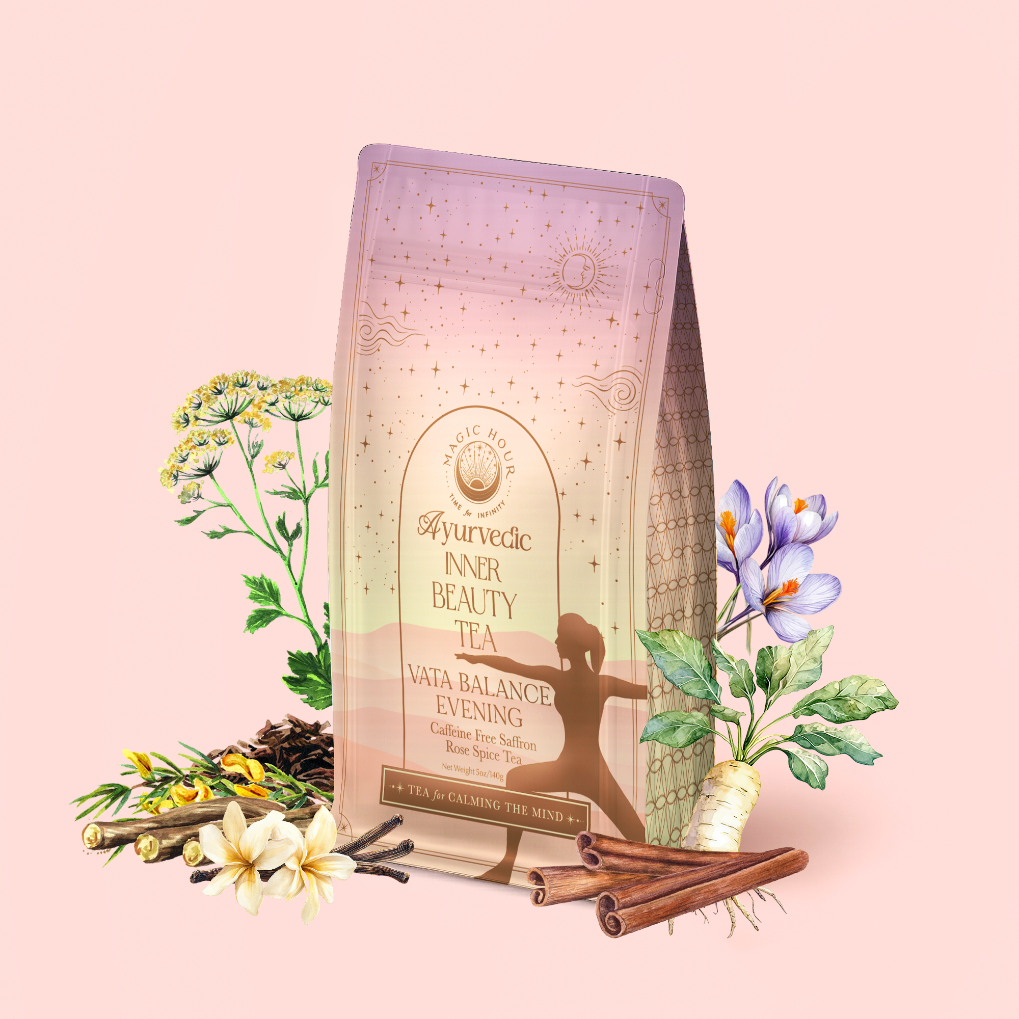 A pastel tea package labeled "Vata: Caffeine-Free Saffron-Rose Spice Tea" sits with cinnamon sticks, saffron flowers, fennel, and herbs—a perfect caffeine-free adaptogenic blend for your Ayurvedic evening ritual.