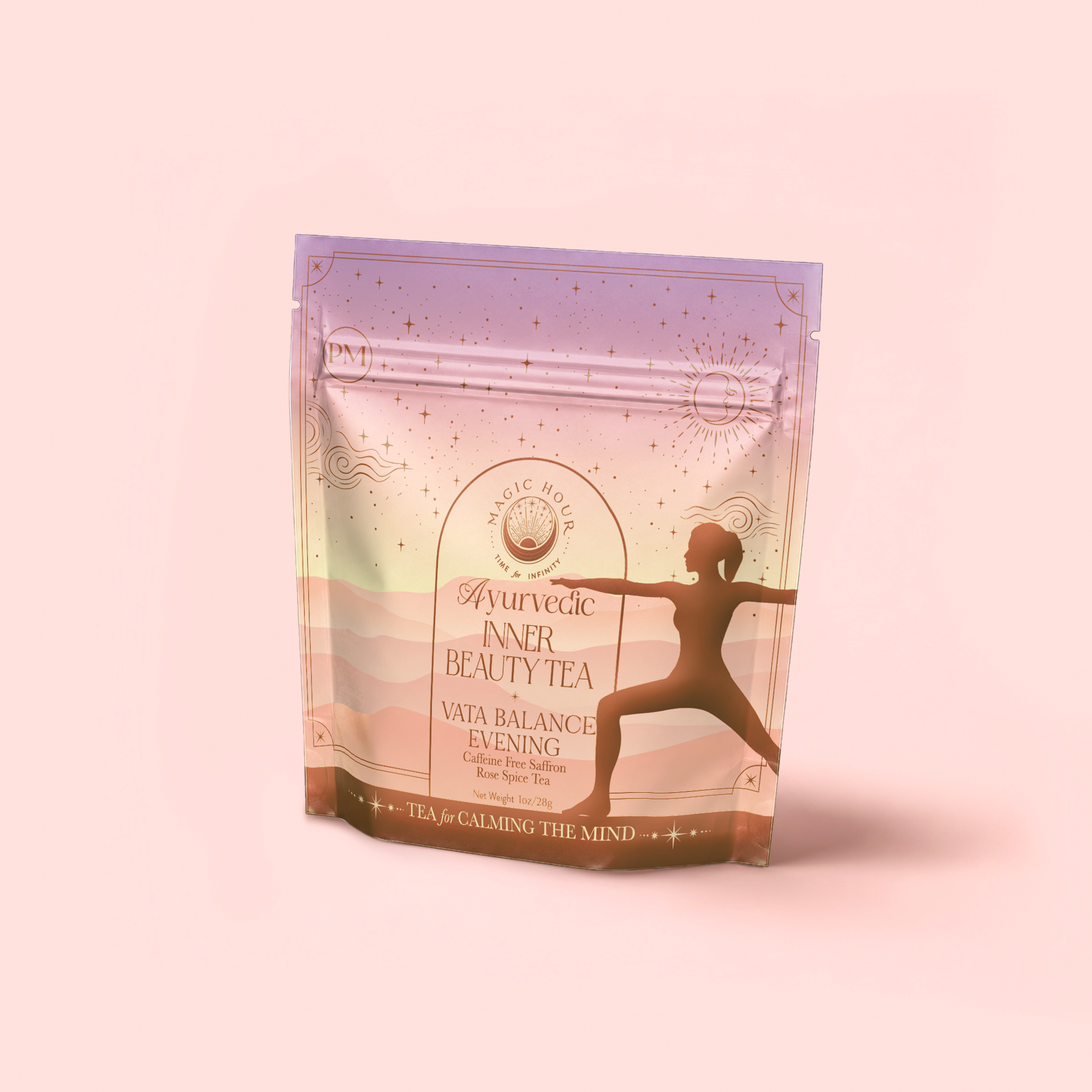 A pastel tea package features a woman in a yoga pose amid soft mountains and stars. The label reads “Vata: Caffeine-Free Saffron-Rose Spice Tea”—an herbal Ayurvedic blend for calming the mind and supporting inner balance.