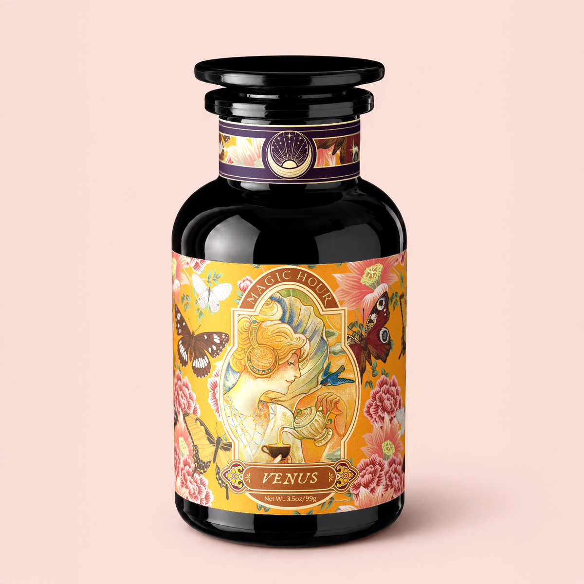 A dark glass bottle adorned with a decorative label featuring flowers, butterflies, and an art nouveau-inspired illustration of a woman. The label reads “Magic Hour Venus - Tea for Beauty Sleep,” hinting at the caffeine-free herbal blend inside, crafted from beautifying botanicals. The bottle is set against a light pink background.