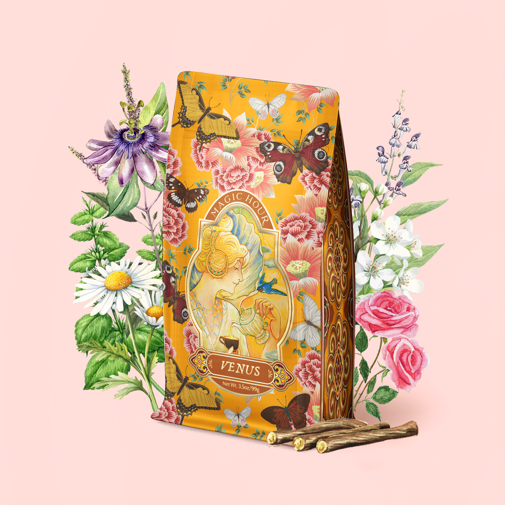 An ornate refill pouch labeled "Venus - Tea for Beauty Sleep" is adorned with illustrations of flowers, butterflies, and herbs on a gentle pink backdrop, with delicate sticks arranged before it. This caffeine-free herbal blend is thoughtfully crafted with beautifying botanicals for an enchanting tea experience.