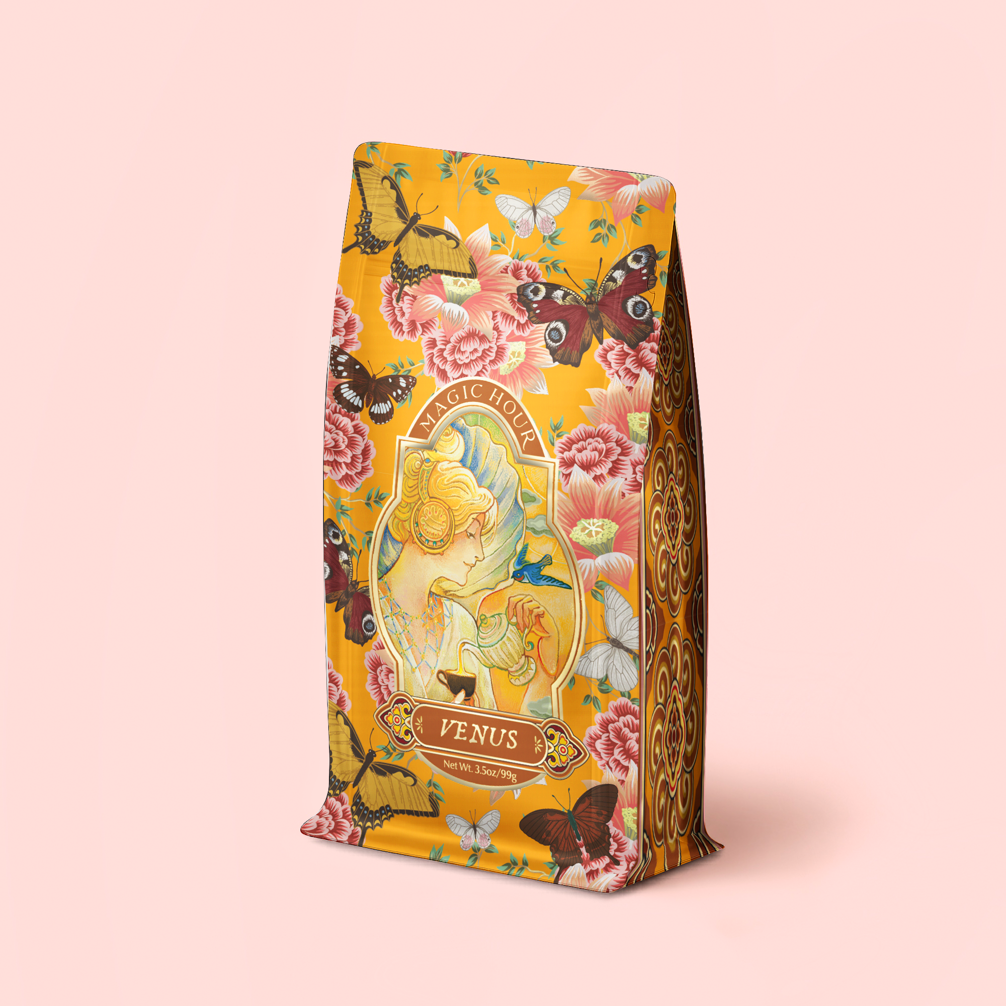 A beautifully designed tea pouch called "Venus – Tea for Beauty Sleep Refill Pouch," featuring ornate illustrations of butterflies, flowers, and a classical-style woman on a pastel pink background. This caffeine-free herbal blend contains beautifying botanicals, promising a unique infusion perfect for restful sleep.