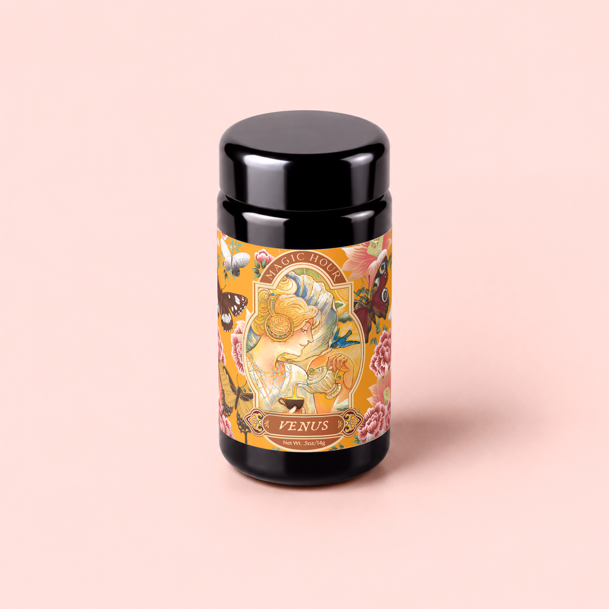 A black container with a colorful label featuring floral patterns, insects, and an illustration of a woman’s profile, labeled “Venus - Tea for Beauty Sleep” in gold text, set against a pale pink background. This design hints at an herbal blend specially crafted to promote skin hydration and support collagen production.