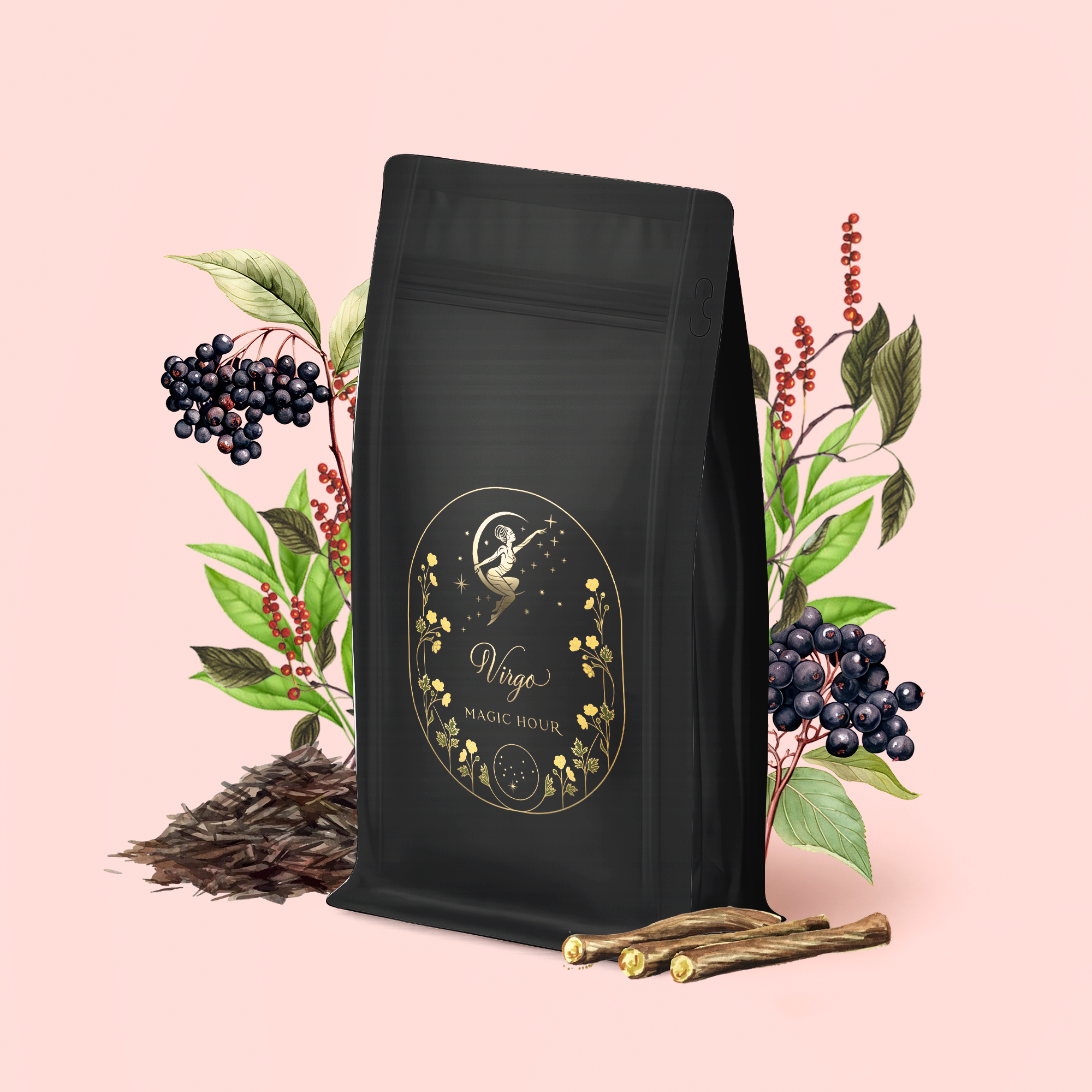 A black tea bag with a gold, celestial "Wings Magic Hour" label sits on pink, surrounded by elderberries, green leaves, licorice roots, and loose organic black tea from the Virgo Tea of Virtue, Wit &amp; Meticulous Magic blend.