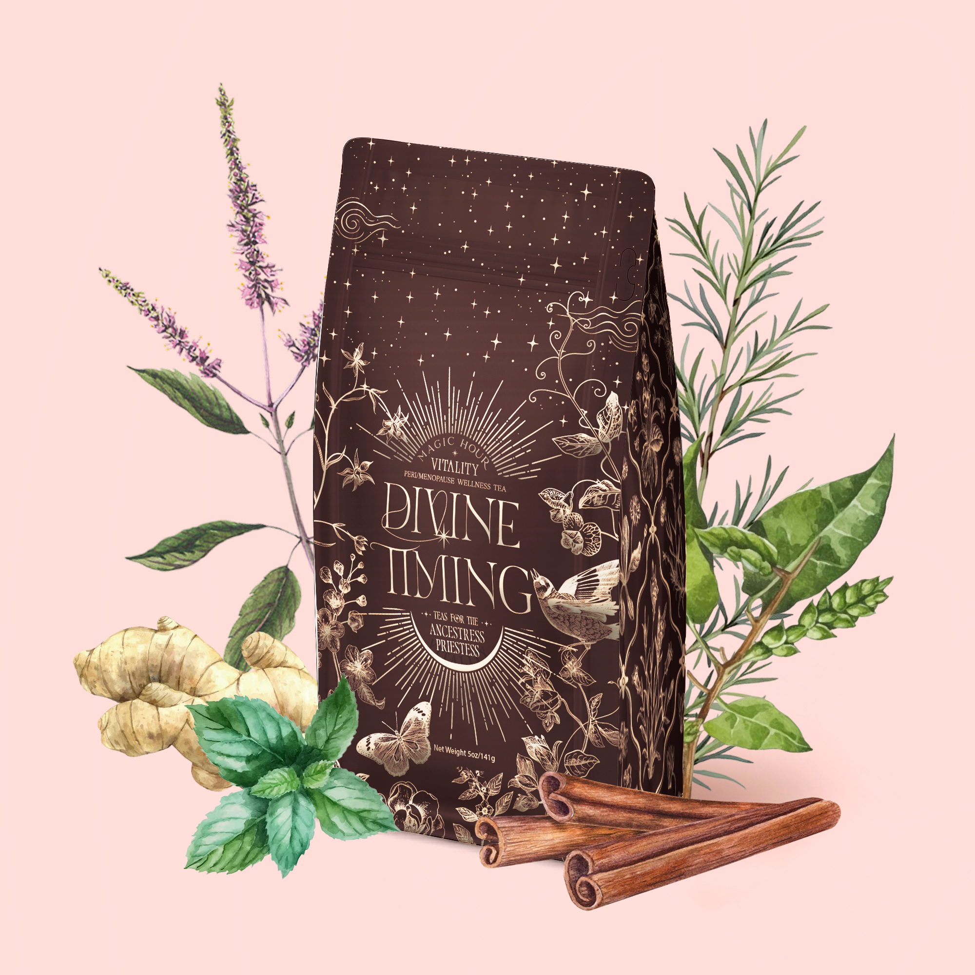 A brown, ornate bag labeled "Divine Timing Vitality" rests among ginger, mint, rosemary, cinnamon sticks, and leafy branches—adaptogenic herbs for natural vitality—set against a soft pink background.