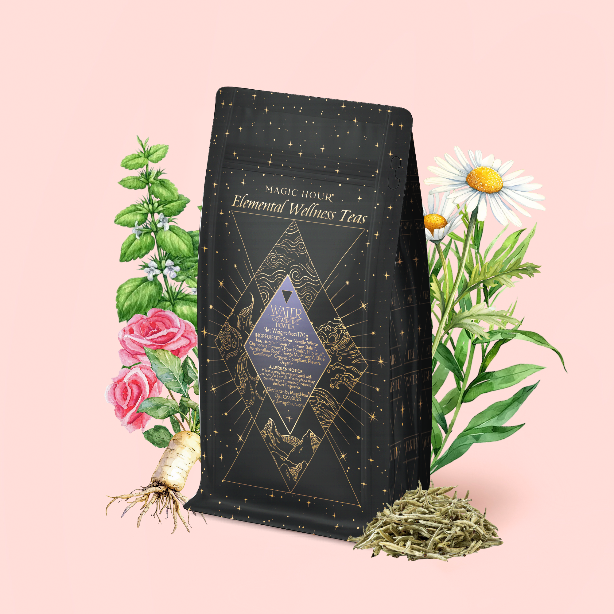 A tea bag labeled “Water White Tea: Soothing Lemon Balm Rose Reishi Tea for Going with the Flow” rests amid illustrated herbs, flowers, and loose tea leaves on a pink background, evoking a calming tea ritual perfect for relaxation.