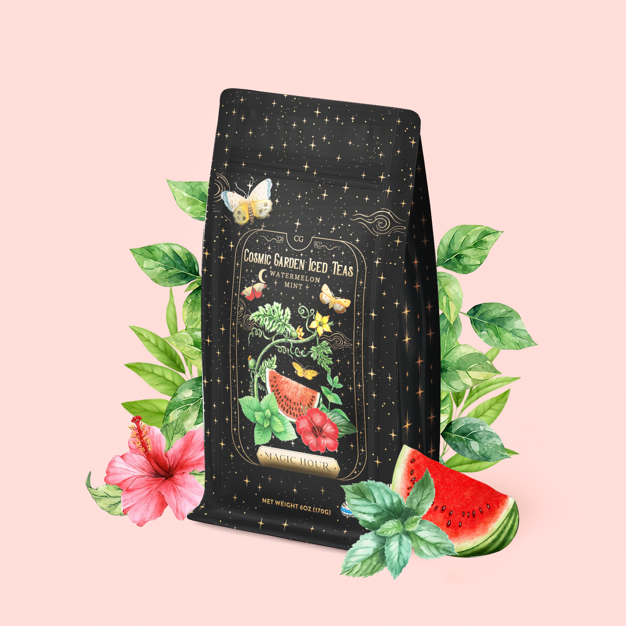 A packet of Watermelon Mint Herbal Iced Tea, featuring floral and watermelon artwork, surrounded by leaves, a watermelon slice, a pink hibiscus flower, and accents of organic peppermint on a pink background. The label reads "Cosmic Garden Iced Teas".