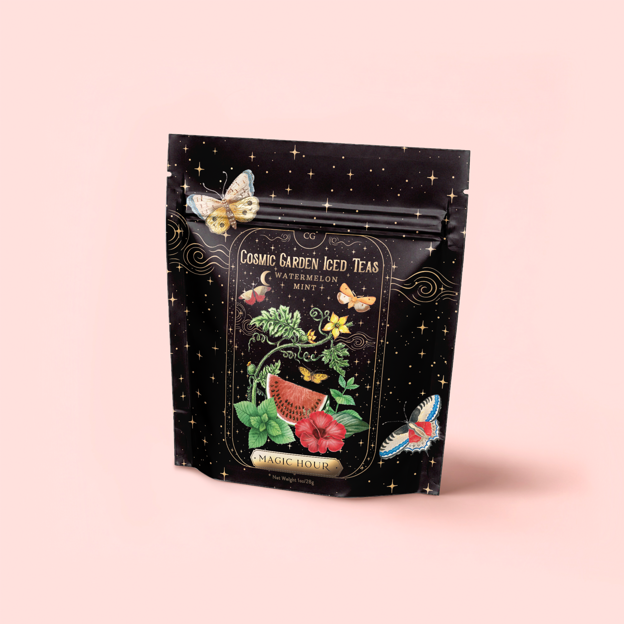 A black resealable pouch labeled "Watermelon Mint Herbal Iced Tea" displays watermelon, mint leaves, red flowers, butterflies, and stars on a light pink background—featuring organic herbal tea with watermelon juice powder.