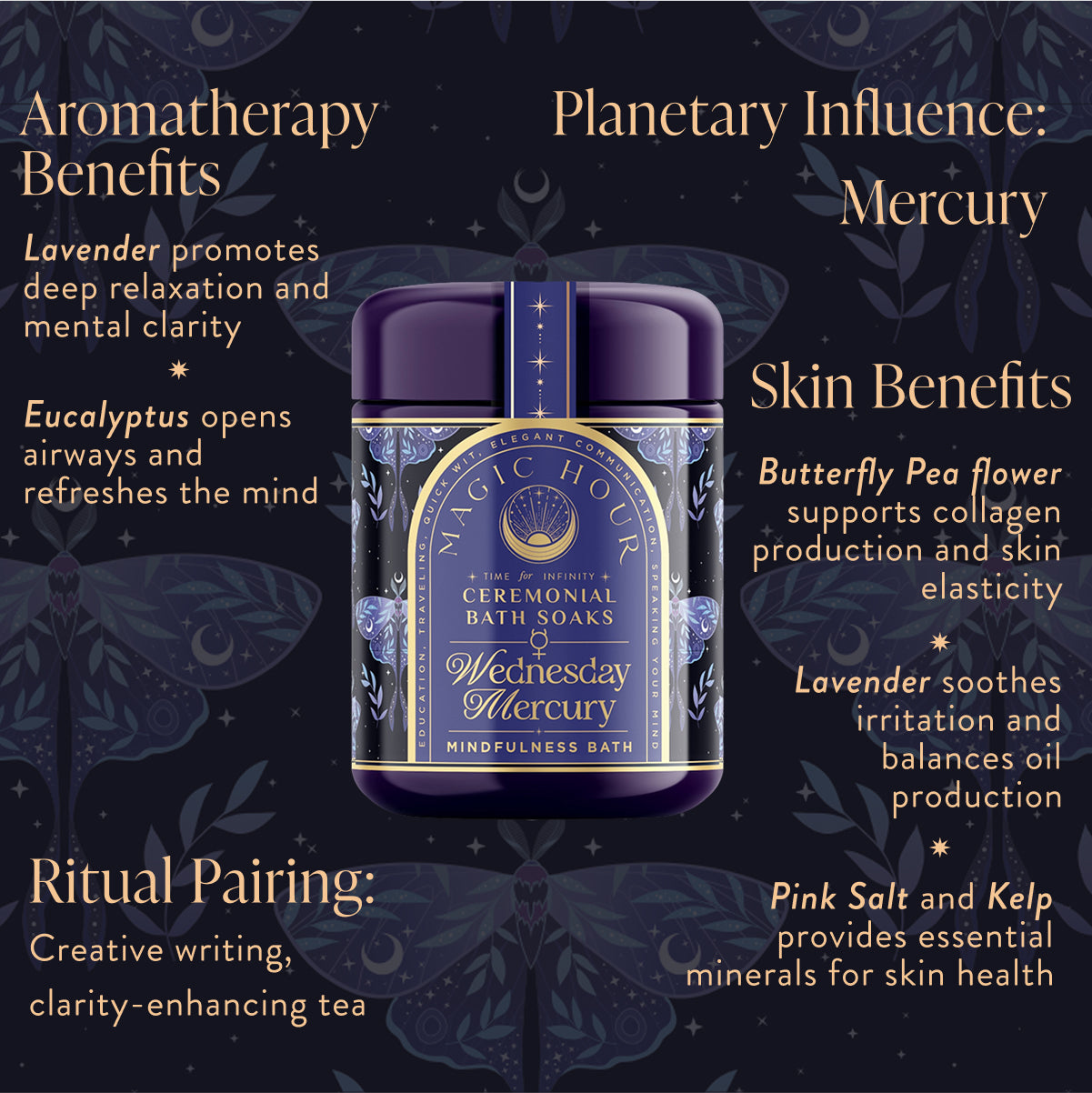 A promotional graphic for &quot;Ceremonial Bath Soaks&quot; shows a purple container labeled &quot;Wednesday Mercury Mindfulness Bath,&quot; highlighting aromatherapy, skin benefits, and cosmic connection as self-care essentials, featuring lavender and eucalyptus.