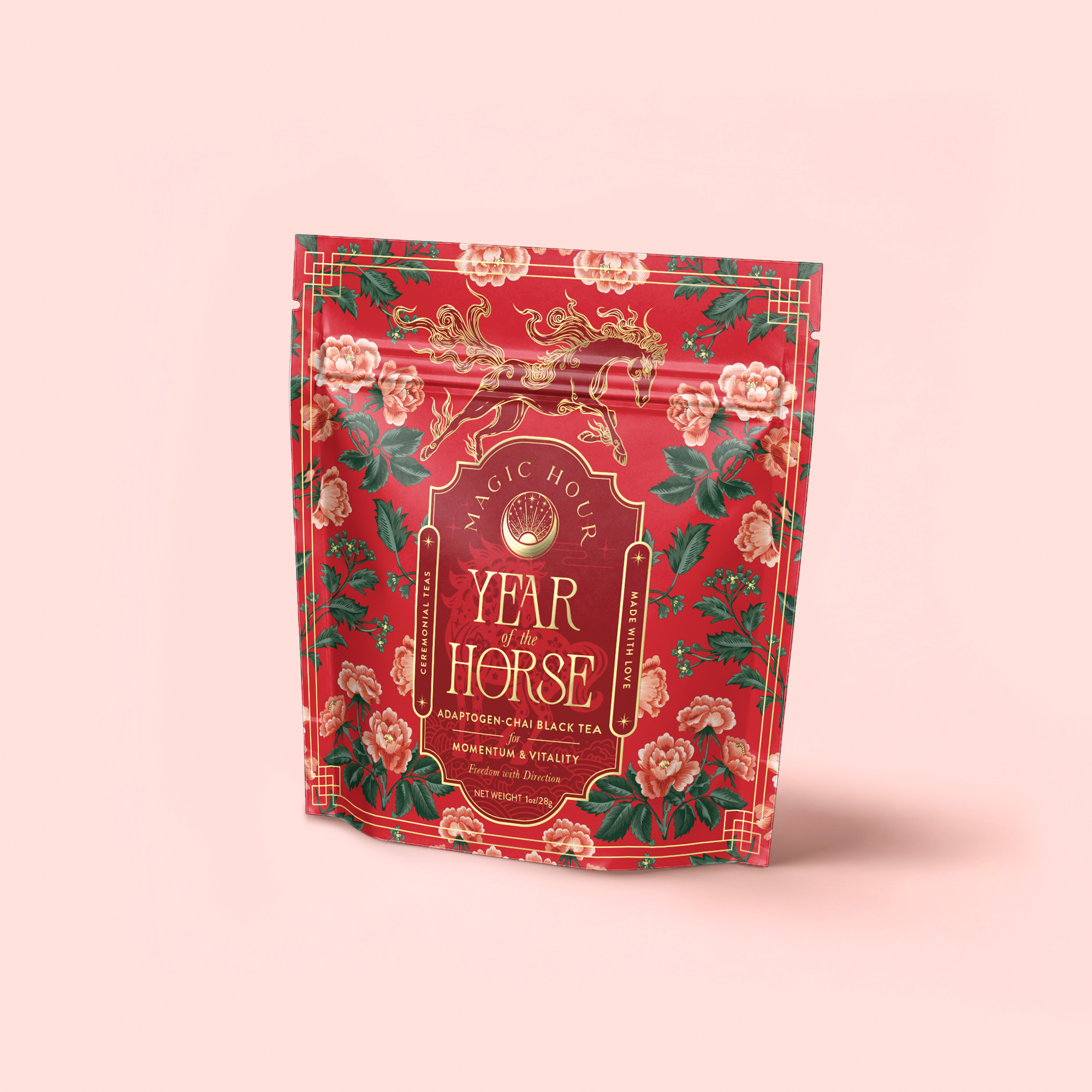 The "Year of the Horse: Adaptogen Chai Black Tea" comes in a red floral package with gold and pink text, decorative flowers, and vines—celebrating Lunar New Year tea against a pale pink background.