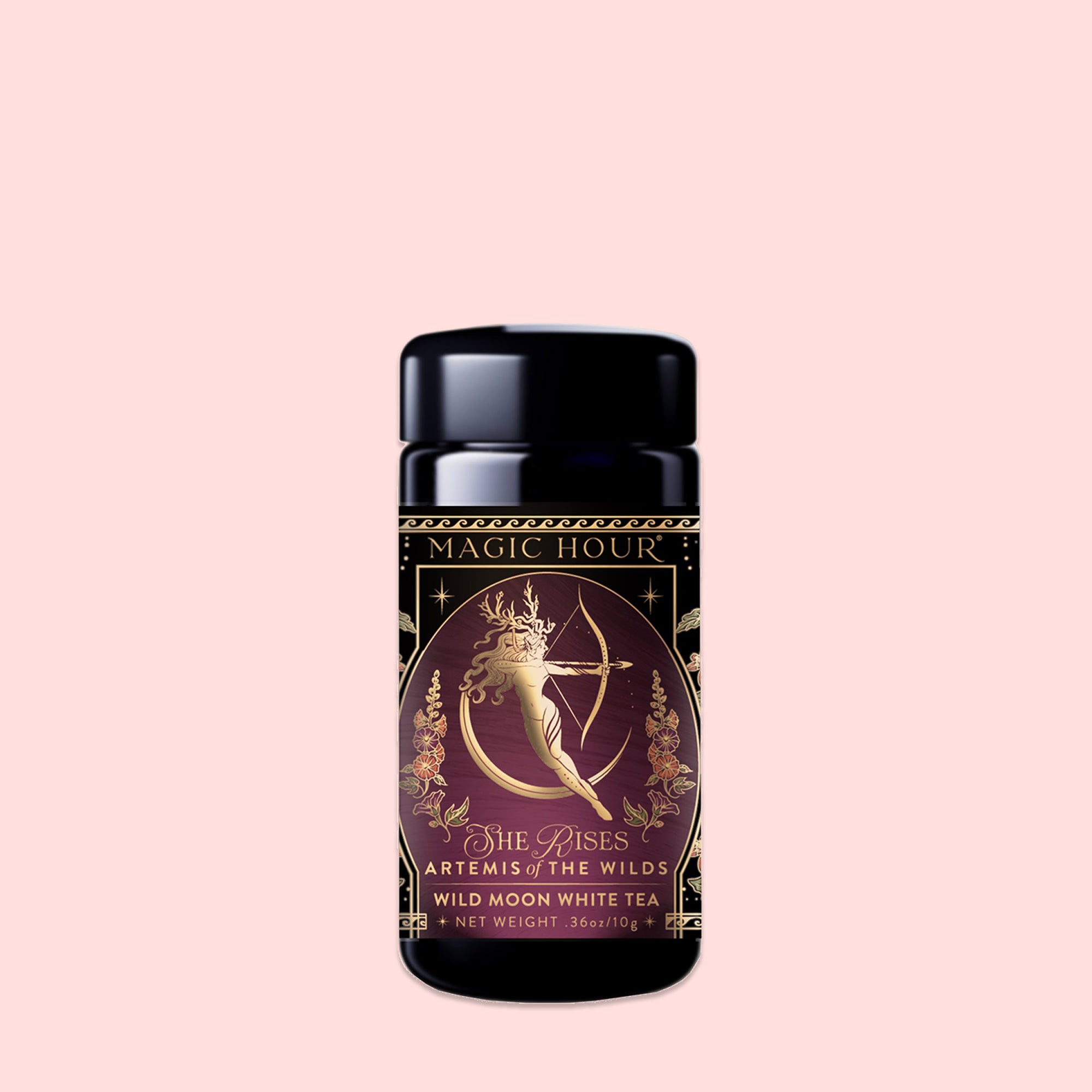 The "Monthly Magic Tea Journey Subscription" features a black canister with golden archer art on a crescent moon—ideal for your goddess ritual or as part of your tea discovery experience.