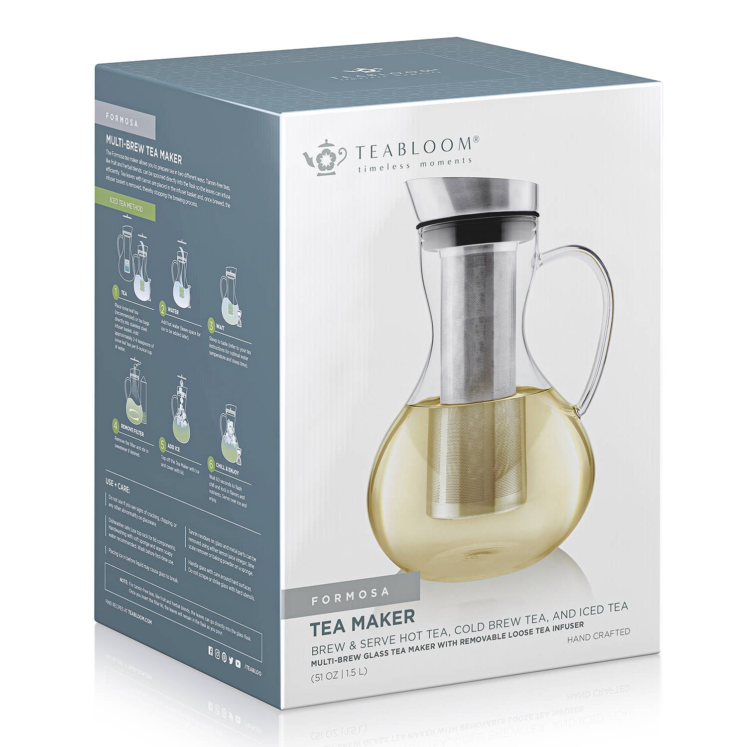 A retail box for the Teabloom Multi-brew Glass Teapot + Kettle + Pitcher (51 oz), showing its glass pitcher with metal infuser. Packaging highlights its use for brewing hot or cold tea, with detailed product info and images.