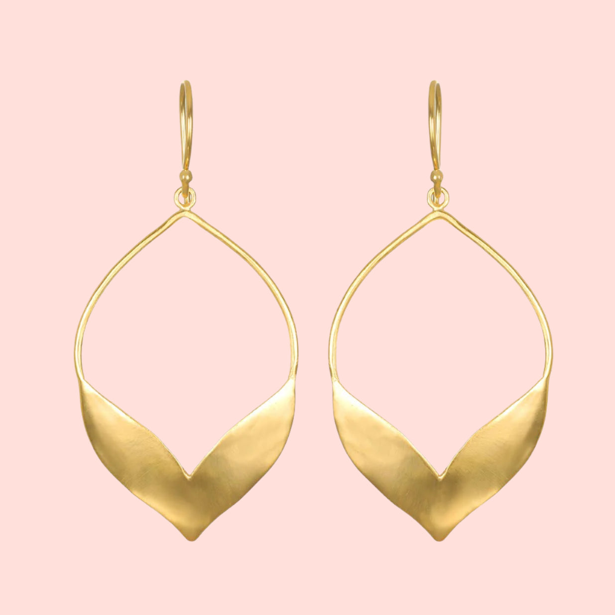 Fluttering Petals Gold Earrings—18k gold plated drops with smooth, open teardrop shapes and curved petal-inspired design—perfect for a personalized ear stack.