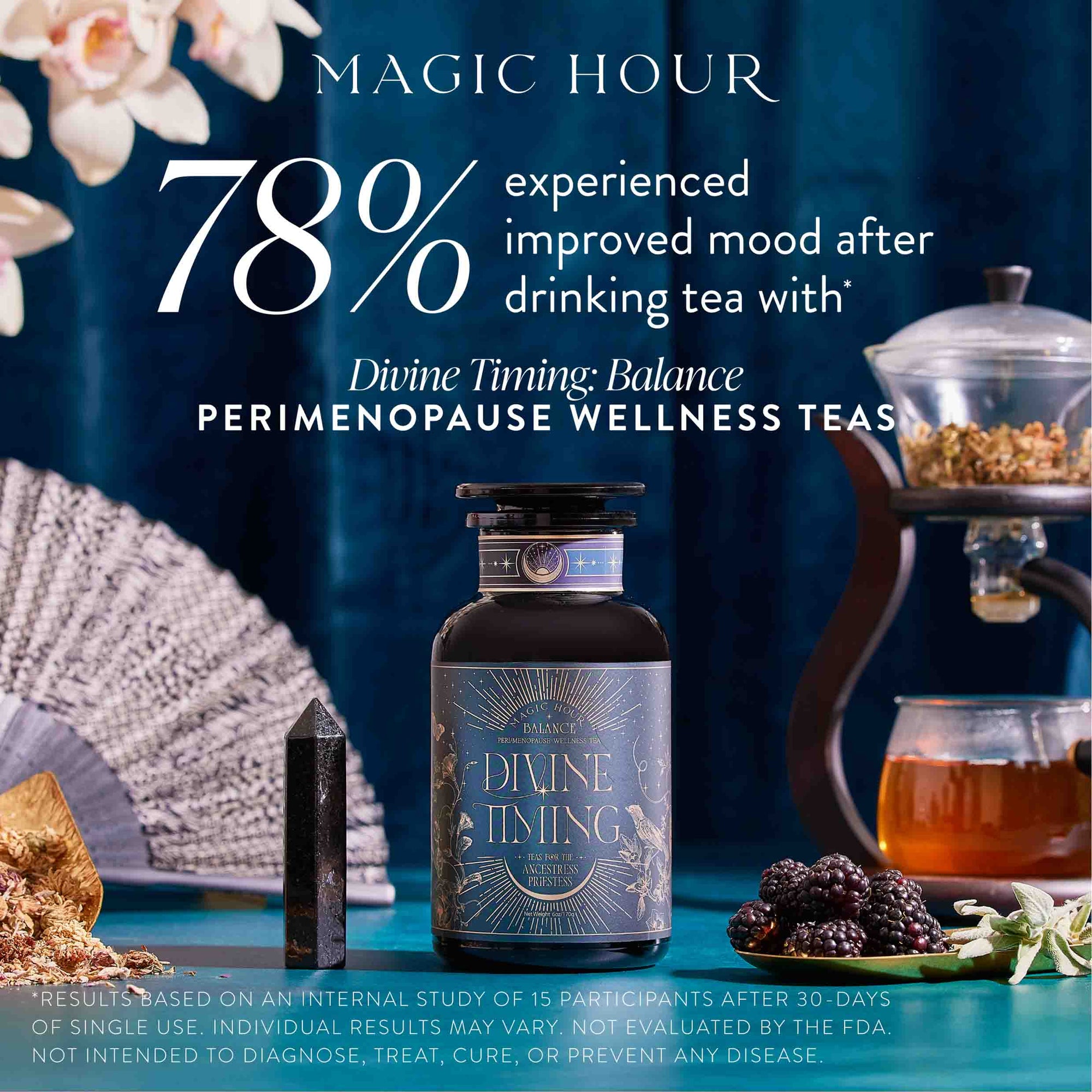 A bottle of Divine Timing Tea Bundle rests on a table with blackberries, herbs, a crystal, and a glass teapot. Text reads: “78% experienced improved mood after drinking this adaptogenic tea for menopause support.”.