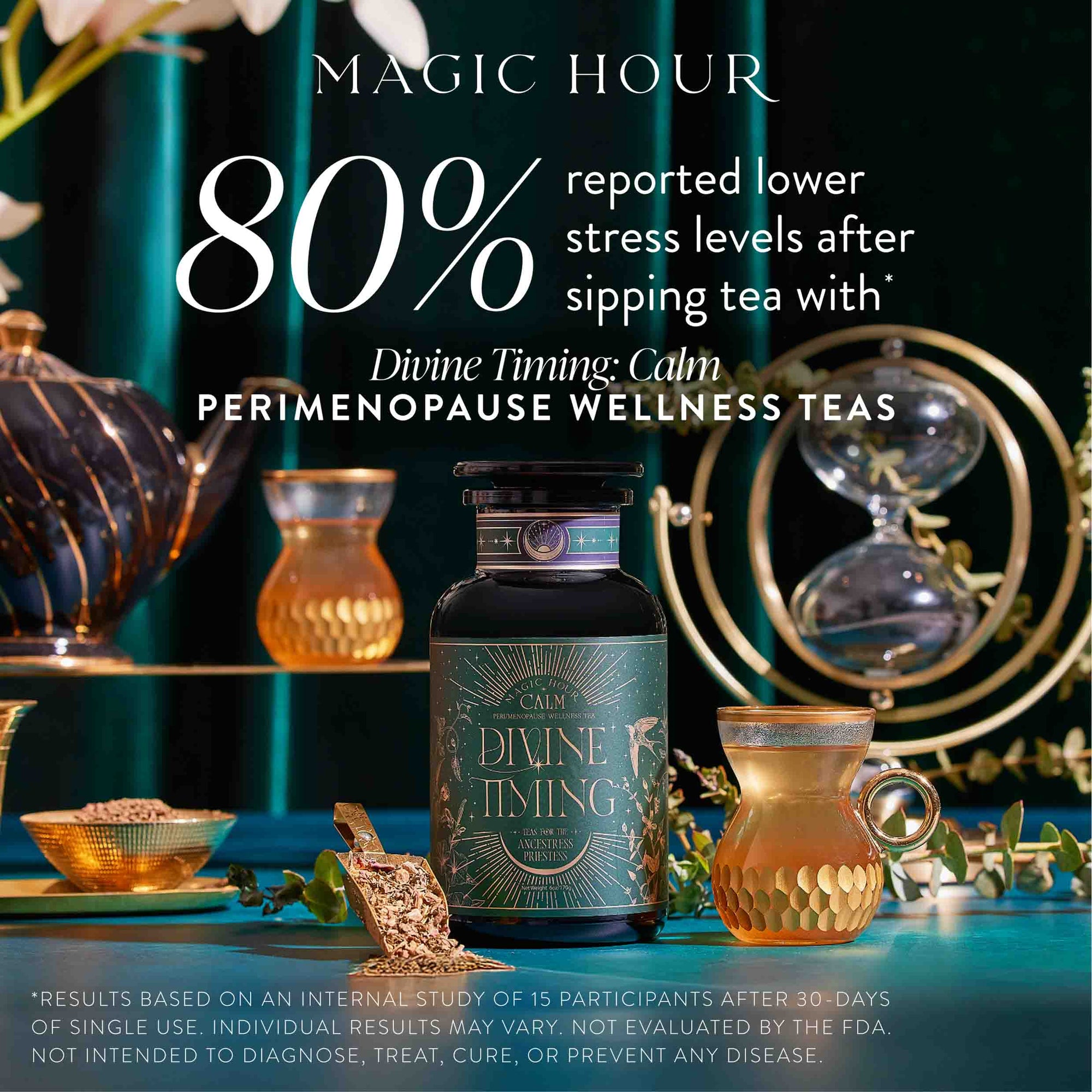 A bottle of Divine Timing Calm, a cooling mint adaptogen blend, rests by a teacup, hourglass, and flowers. Text above notes 80% reported less stress after sipping, supporting wellness for those experiencing perimenopause.