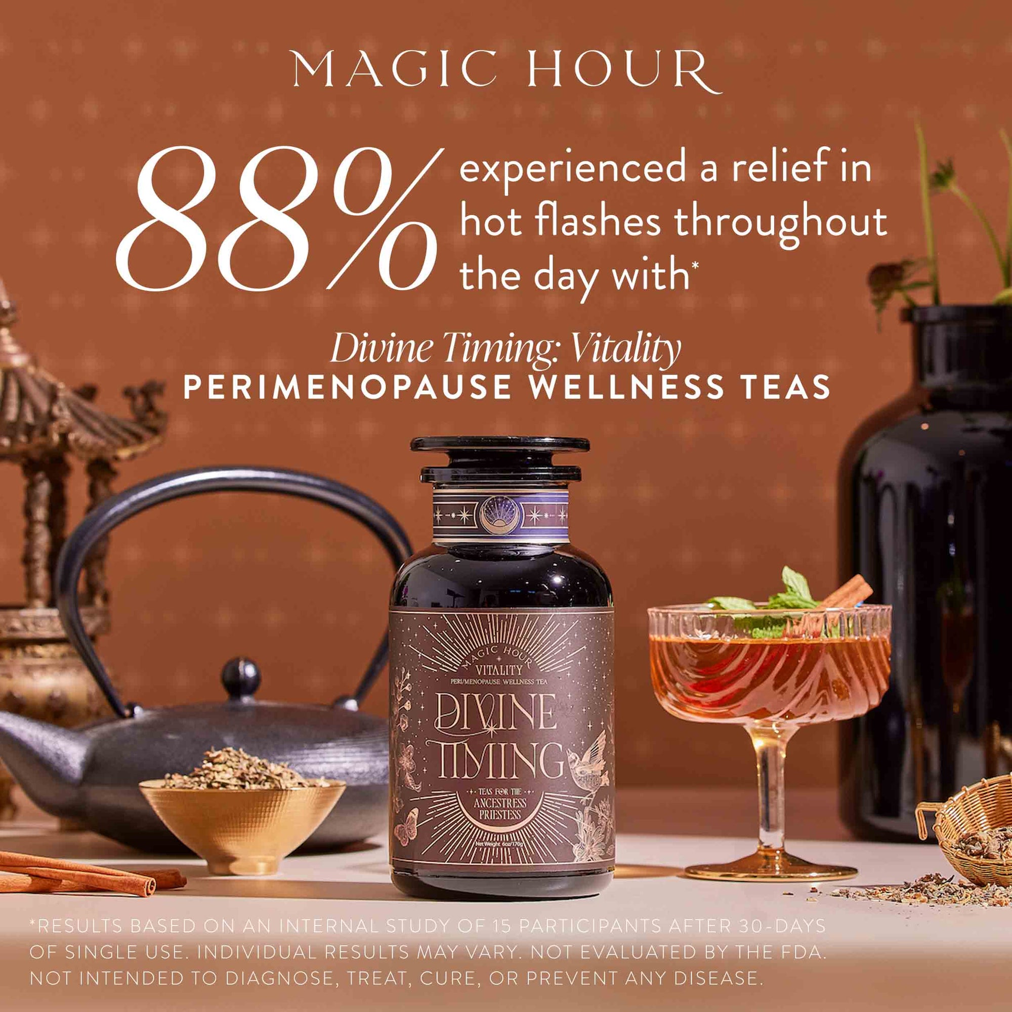 A jar of Divine Timing Vitality, an adaptogenic herbal tea for metabolism support, sits beside a teacup, flowers, and vase. 88% of users found relief in hot flashes with this wellness tea.