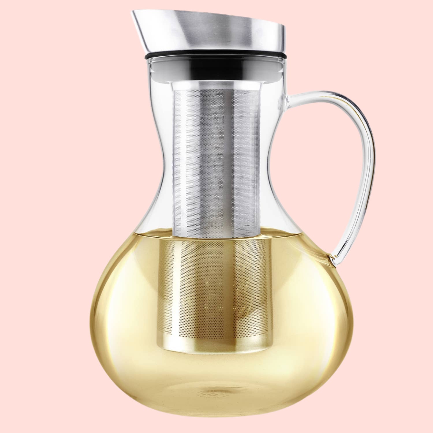 The Teabloom Multi-brew Glass Teapot + Kettle + Pitcher (51 oz) features a metal lid and handle, a stainless steel tea infuser, and is shown with light yellow liquid inside.