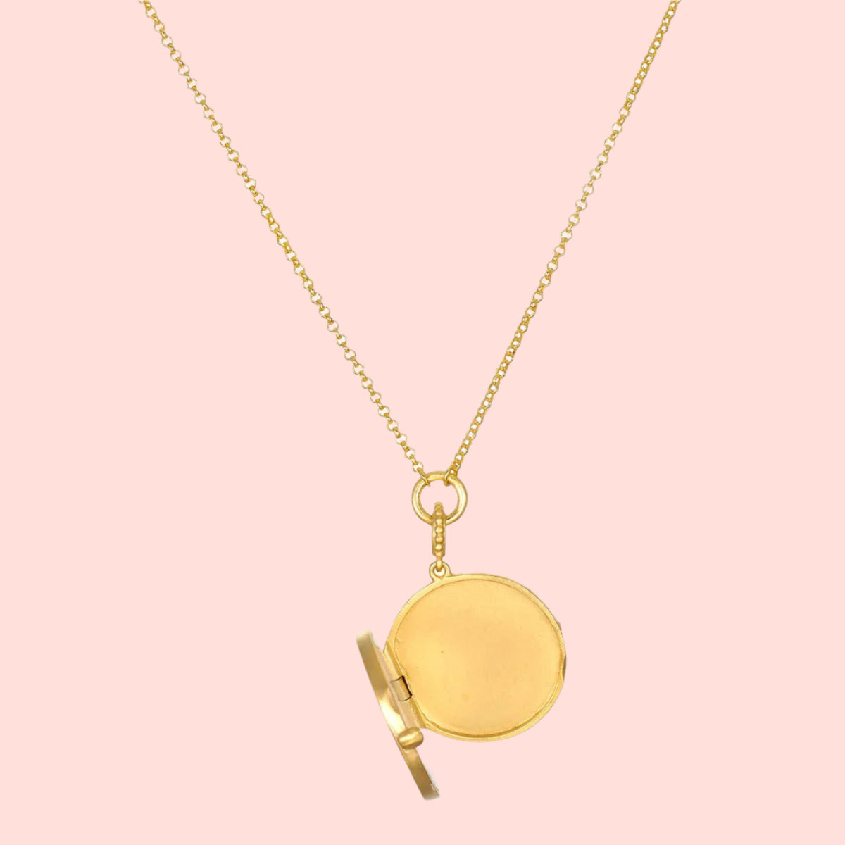 The Take Flight Butterfly Pearl Locket Necklace 18” features a round, openable locket on a delicate chain with an 18k gold plated finish, beautifully showcased against a white background.