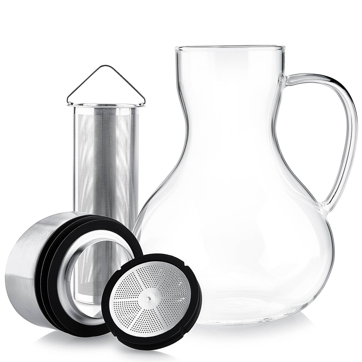 The Teabloom Multi-brew Glass Teapot + Kettle + Pitcher (51 oz) features a clear glass pitcher with handle, stainless steel infuser, metal lid, and mesh filter lid for versatile tea or infused beverage preparation.
