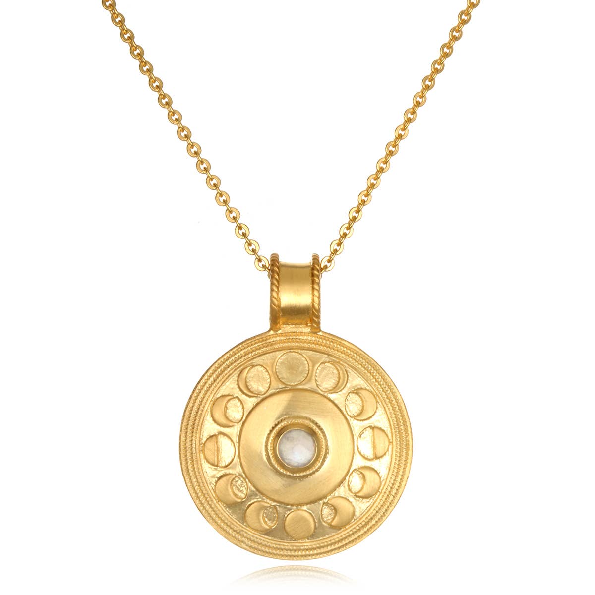 The Satya Jewelry Moonstone Gold Moon Phase Necklace features a circular 18k gold plate pendant with concentric designs and a central moonstone on a delicate 30-inch gold chain.