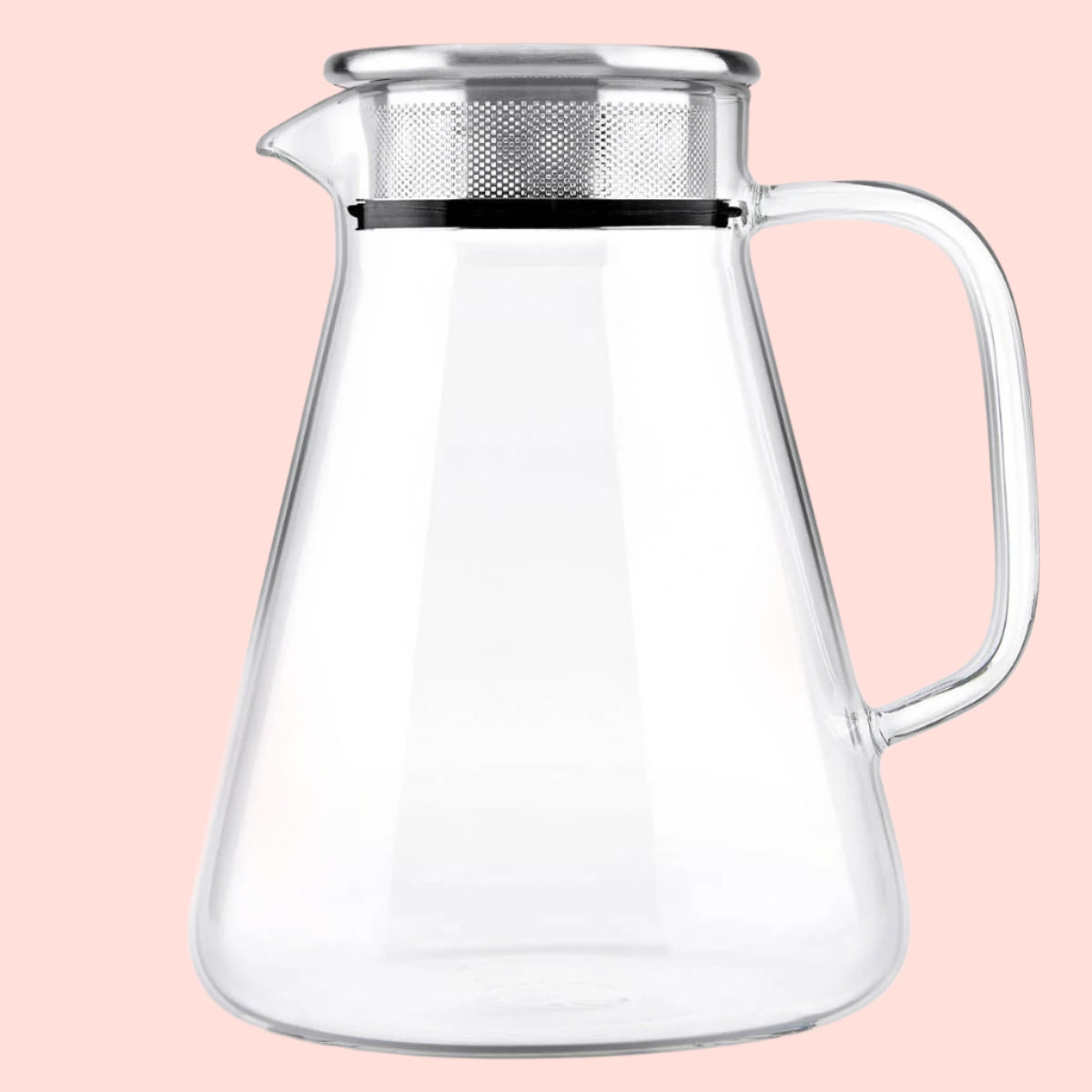 The Teabloom Ceylon One-Touch Glass Tea Maker (40 oz) features clear borosilicate glass, a wide base, narrow neck, sturdy handle, and a stainless steel lid with strainer—perfect for steeping tea or serving chilled drinks.