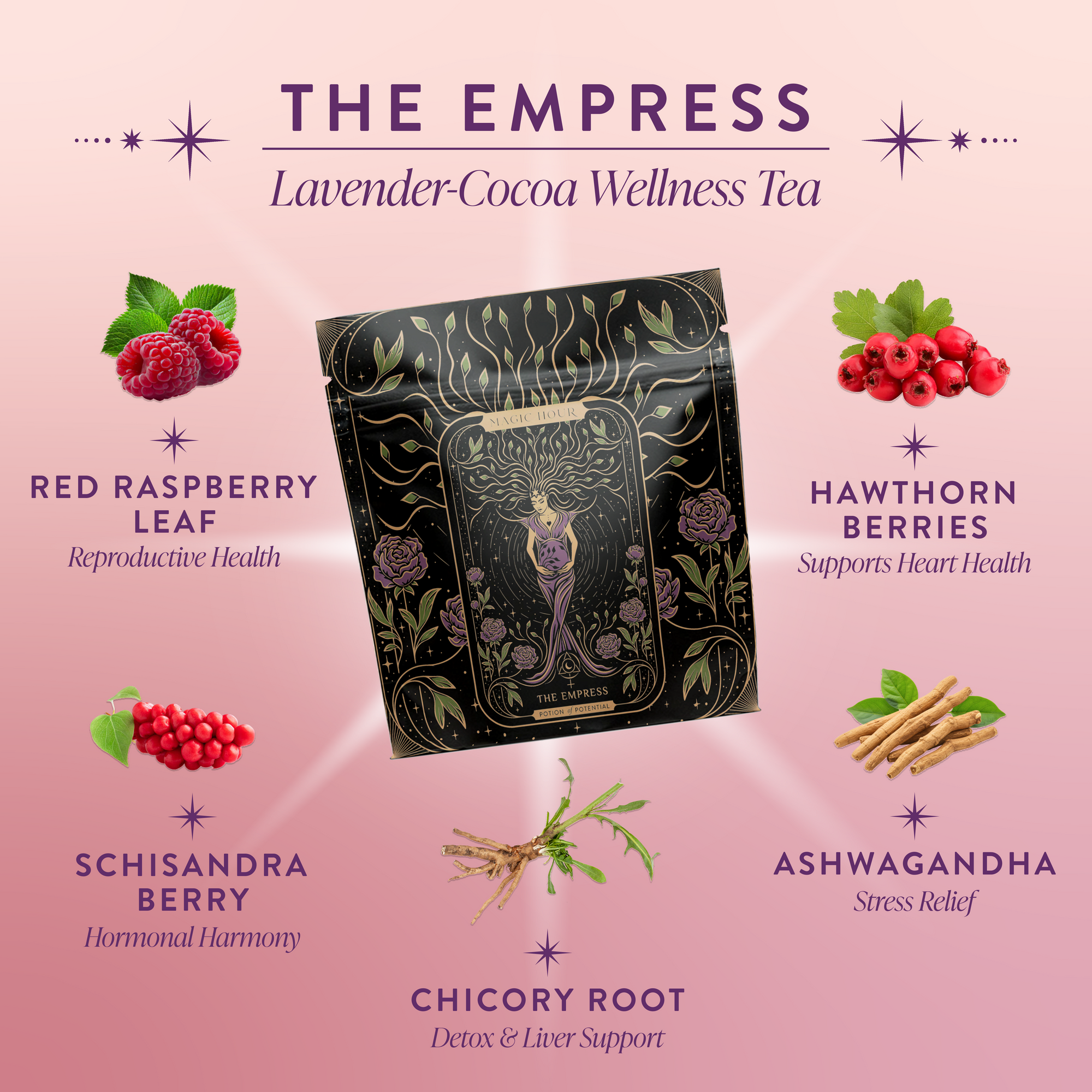 A package of Cycle Support Tea Subscription is centered, surrounded by illustrations and labels of red raspberry leaf, hawthorn berries, schisandra berry, ashwagandha, and chicory root with their PMS relief and hormone balance benefits.