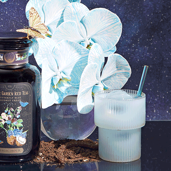 A glass of iced blue tea with the Aurora Bombilla stainless steel tea straw sits beside a jar labeled “Butterfly Blue Coconut Cream” and a vase of pale blue orchids, with a butterfly perched on a flower against a starry night background.