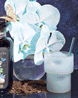 A glass of iced blue tea with the Aurora Bombilla stainless steel tea straw sits beside a jar labeled “Butterfly Blue Coconut Cream” and a vase of pale blue orchids, with a butterfly perched on a flower against a starry night background.