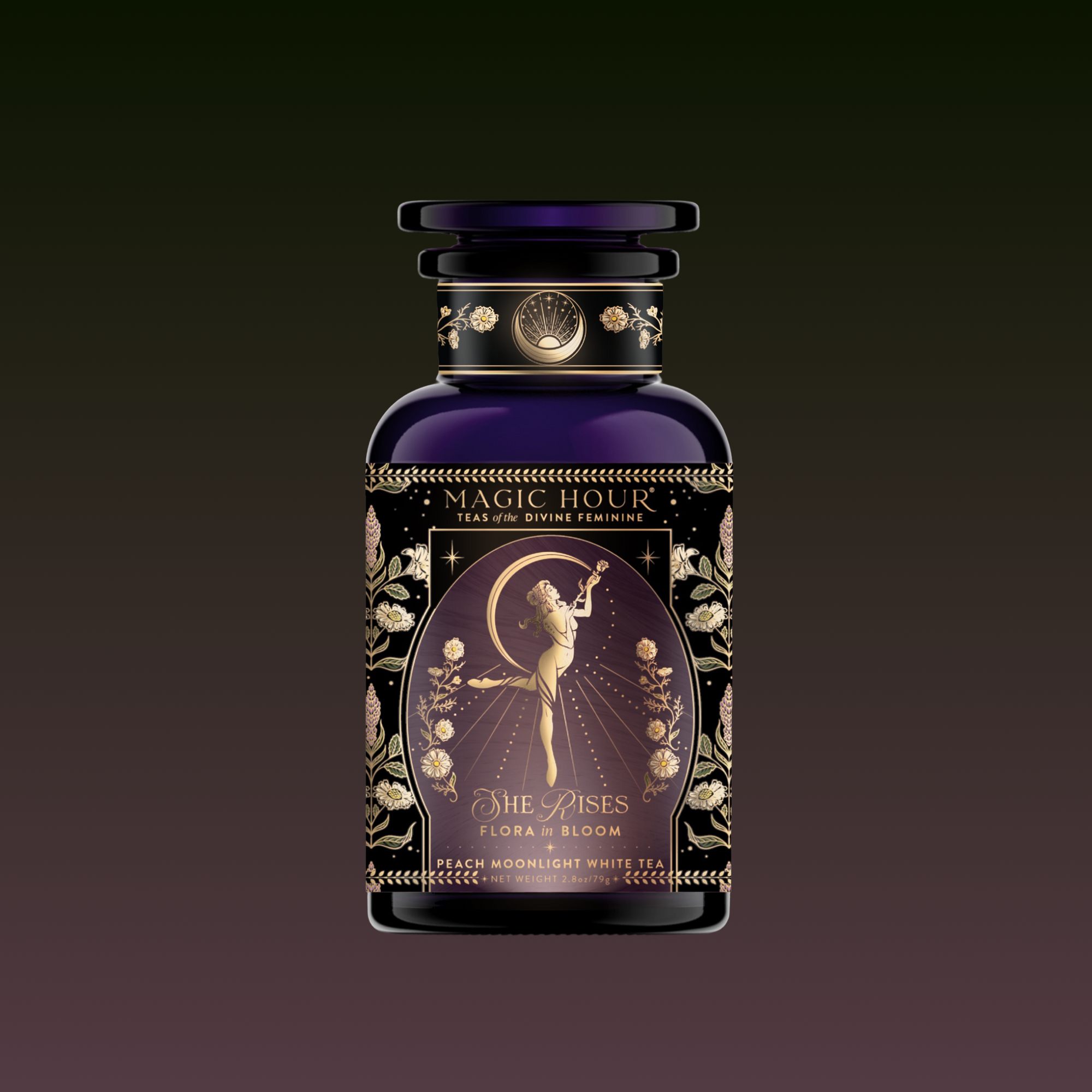 A dark purple "Monthly Magic Tea Journey Subscription" bottle with gold florals and a woman holding a crescent moon evokes a goddess ritual. The label reads, “She Rises—Flora in Bloom, Peach Moonlight White Tea.”.